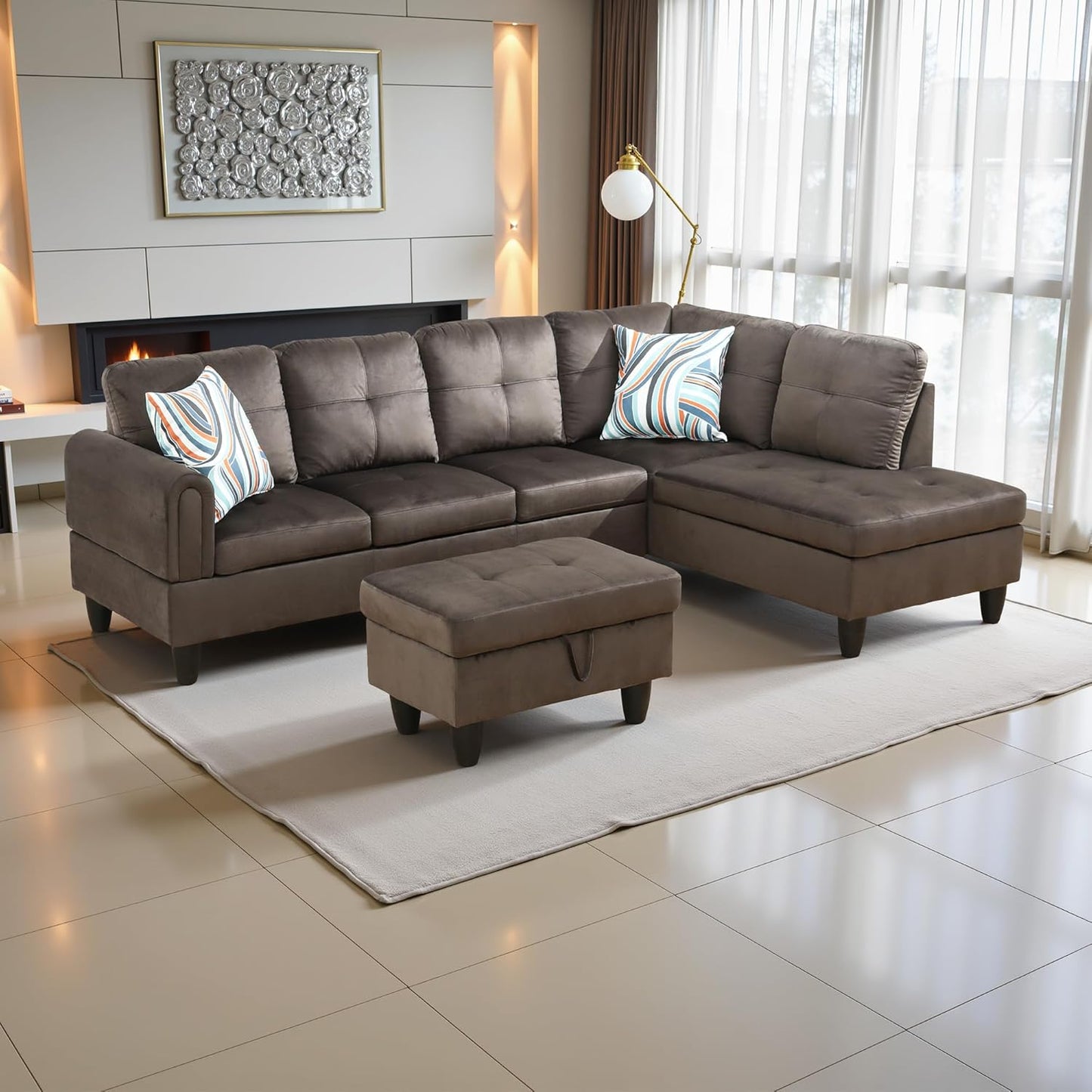 Couches for Living Room Modern L Shaped Couch Comfy Flannel Fabric 3 Pieces Sectional Sofa with Chaise, Ottoman with Storage for Office and Small Apartment, Dark Brown