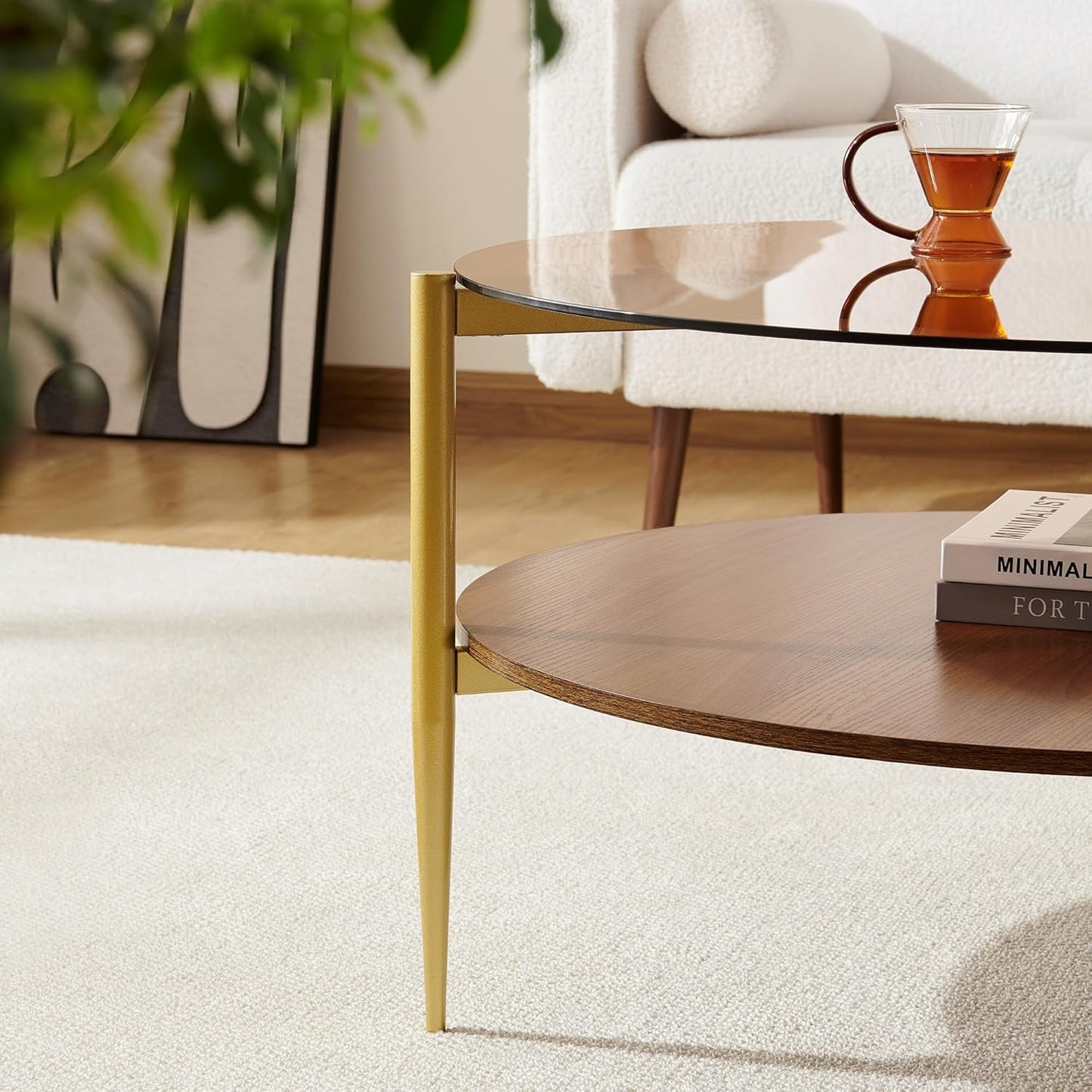 Round Coffee Table, Mid-Century Modern Design, D30*H17 inch, for Living Room, 2-Tier Structure, Amber Glass Top and Walnut Wood Shelf, Sleek Conical Metal Legs with Gold Finish