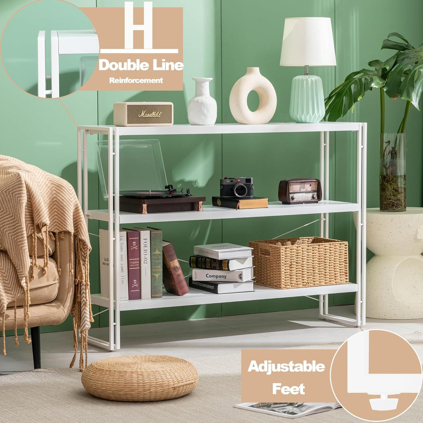 HCHQHS Bookshelf, 3-Tier Industrial Bookcase, White Open Book Shelf, Freestanding Horizontal Bookshelves with Metal Frame