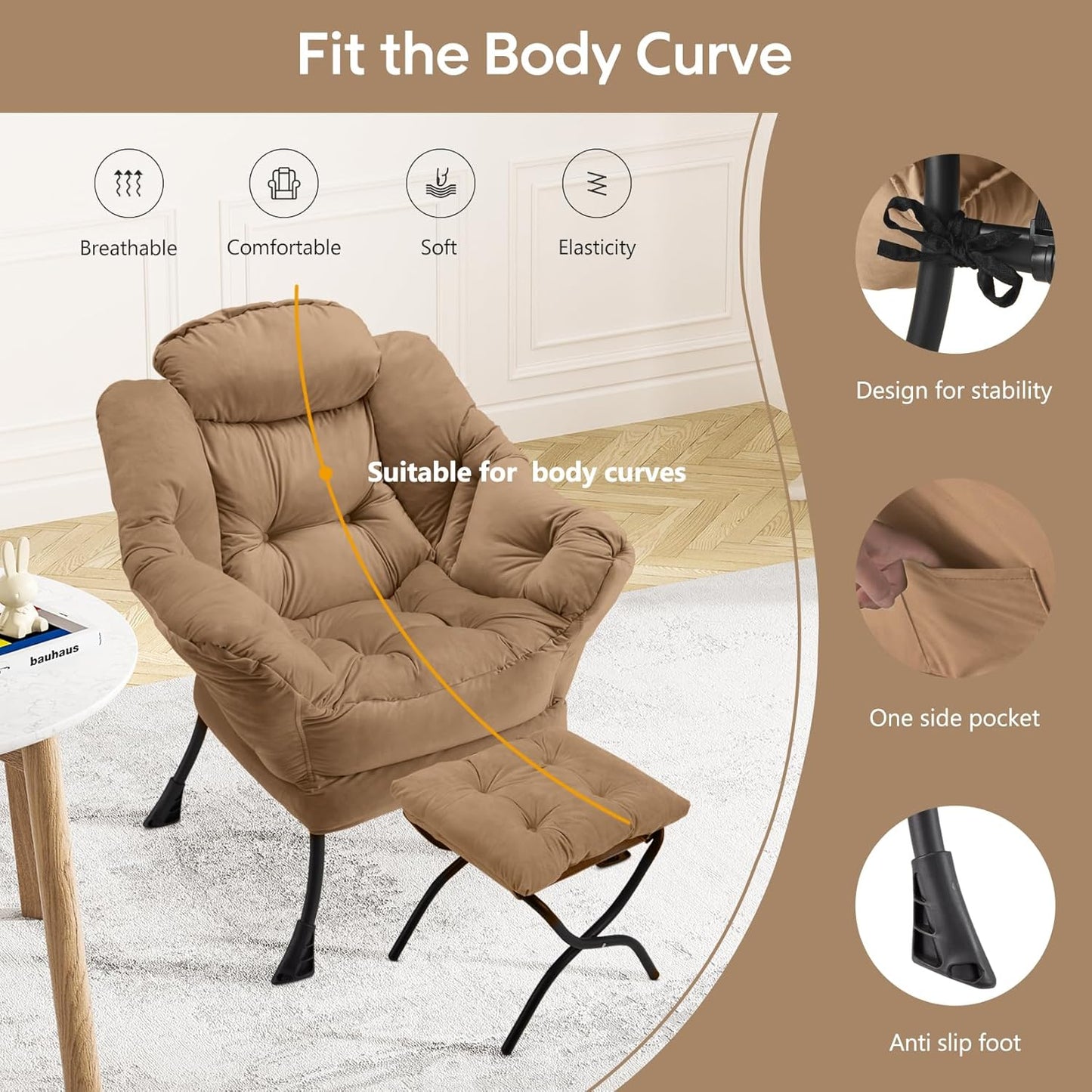Lazy Chair with Folding Ottoman Modern Large Accent Chair,Contemporary Lounge Leisure Sofa Chair with Armrests Upholstered Sofa Armchair Reading Chair for Bedroom,Dorm & Office(Khaki-f)