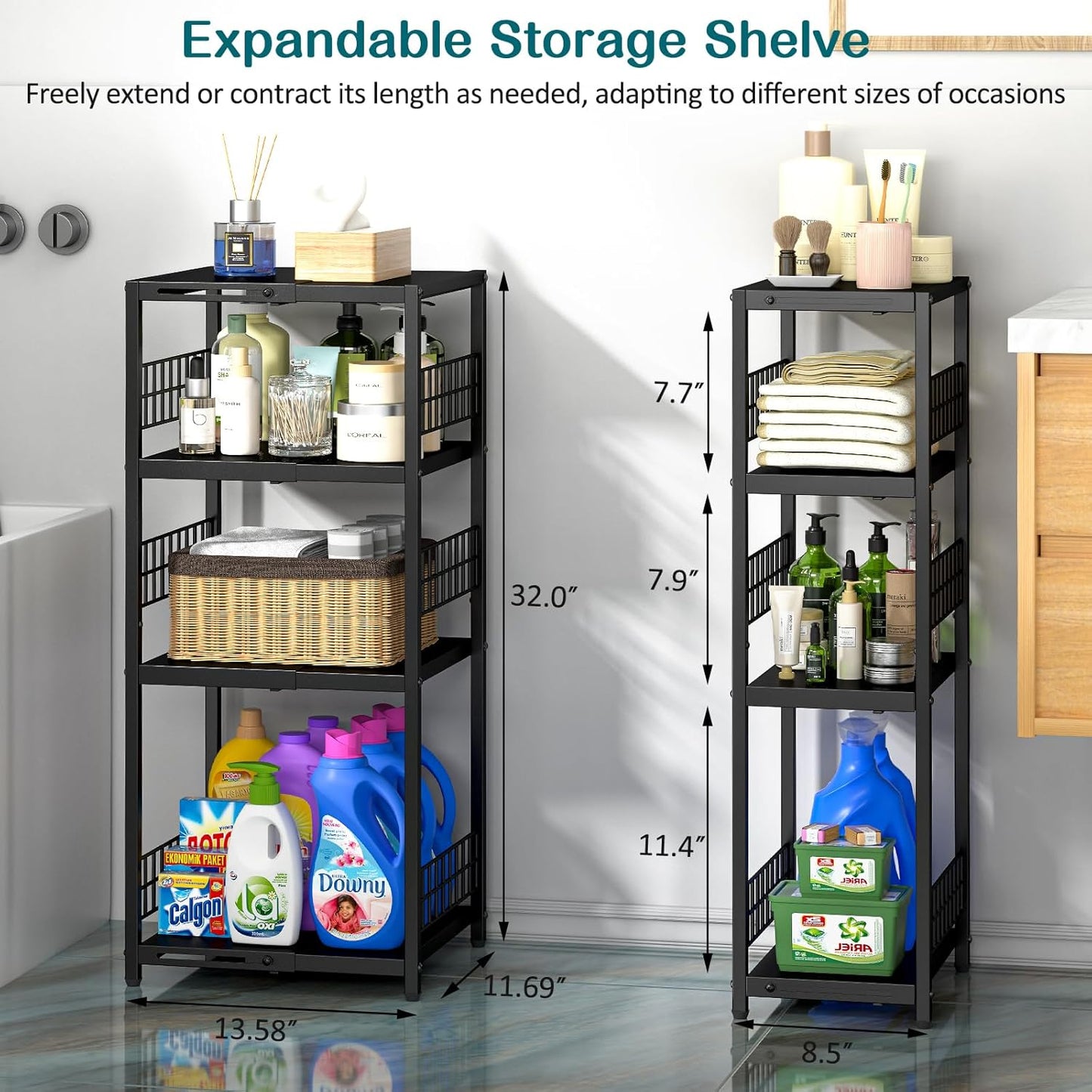 Expandable Slim Storage Shelf, 4 Tier Metal Shelving Unit for Bathroom Storage Organizer, Freestanding Narrow Shelf for Small Spaces, Open Floor Shelves for Bathroom, Laundry Room, Kitchen