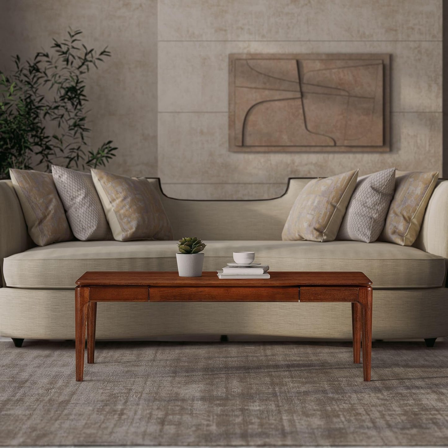 Mingle Modern Wooden Rectangle Coffee Table with Hidden Drawer – Waterproof & Heat Resistant, Dark Walnut