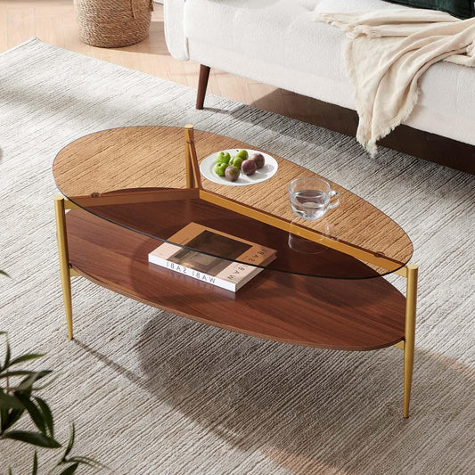 Oval Glass Coffee Table, Mid-Century Modern Design, L43 x W21 x H17 inch, for Living Room, 2-Tier Structure, Amber Glass Top, Walnut Finish Wood Shelf & Gold Finish Frame