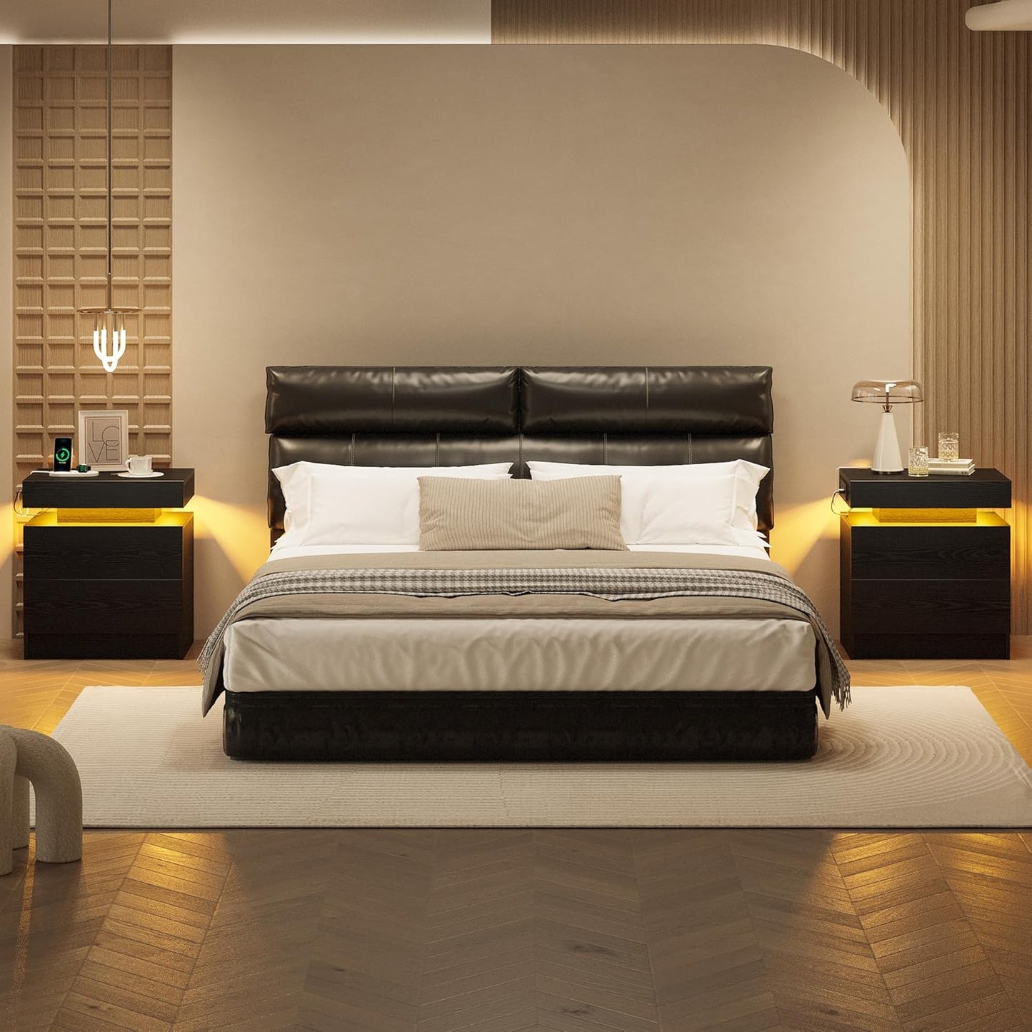 LIKIMIO Night Stand Set of 2, Modern Black Nightstand with with Charging Station, Bedside Tables with LED Light and Drawers, End Table for Bedroom