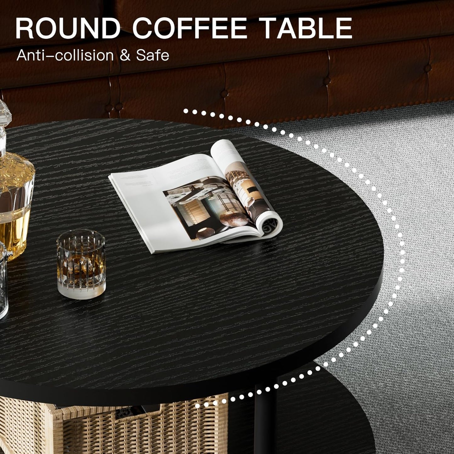 Round Coffee Table, 23.6" Circle Coffee Table for Living Room, 2-Tier Wood Accent Center Table with Open Storage Industrial Design Home Furniture, Black