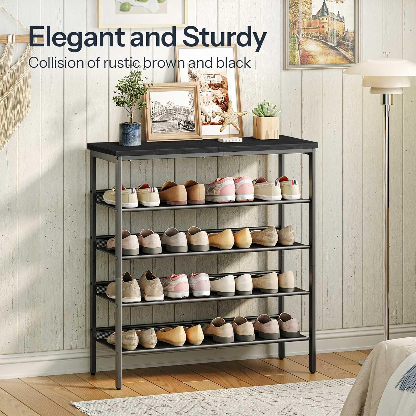 HOOBRO Shoe Rack for Entryway, 5-Tier Organizer with Adjustable Mesh Shelves, 16-20 Pairs, Spacious Floor Mount, Metal, Industrial, Closet Shoe Shelf, Black BB12XJ01