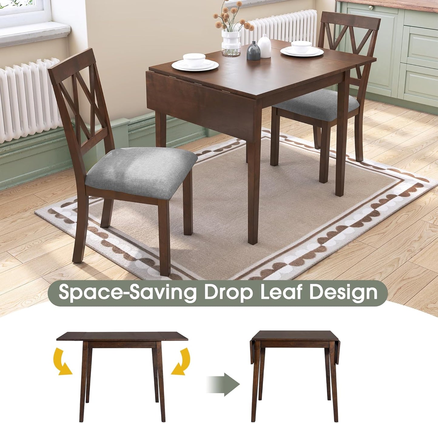 Merax Farmhouse Wooden Dining Set of 3, 45.6 inch Extendable Kitchen Table with Drop Leaf, 2 Chairs with Backrest for Small Space, Easy Assemble Brown