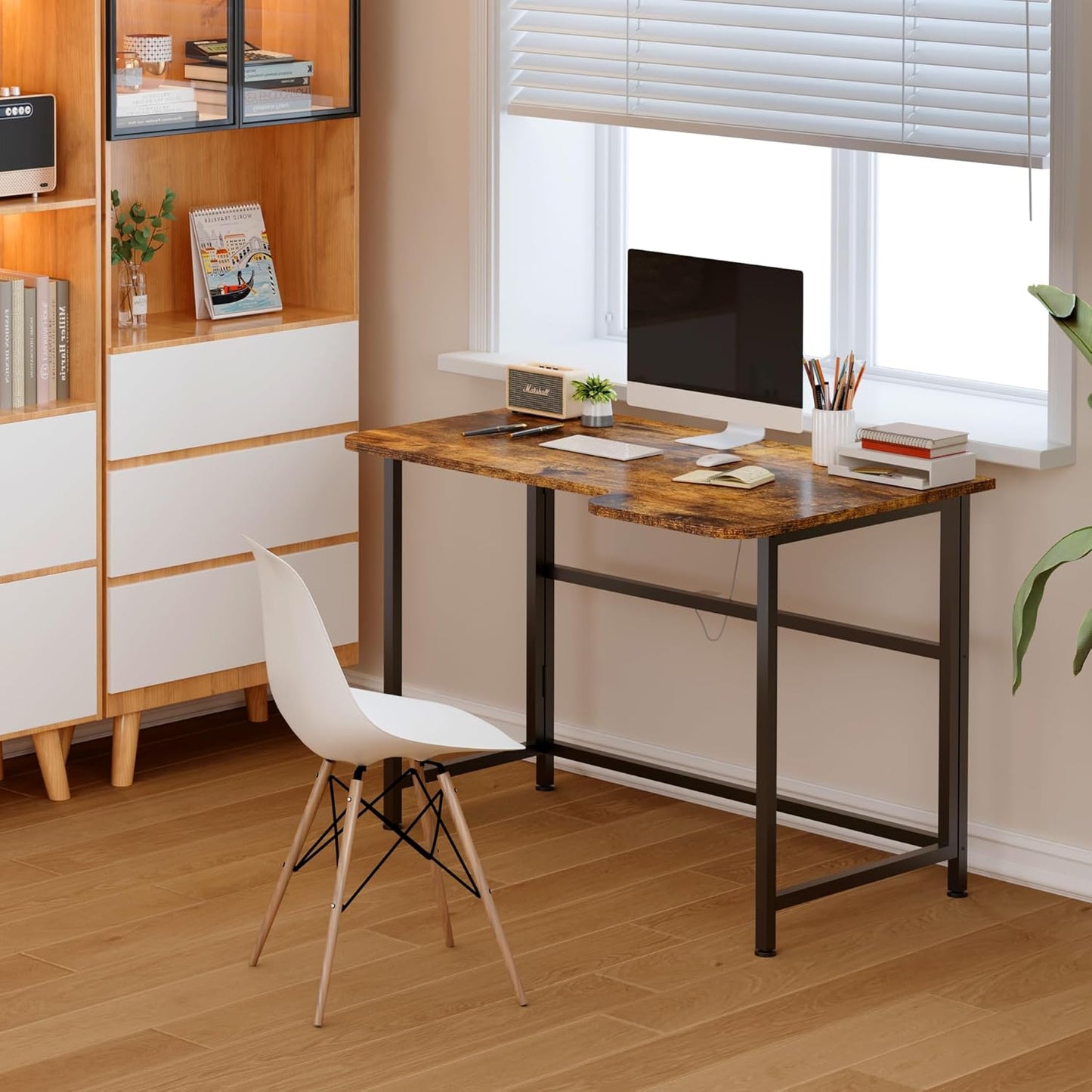 4NM Folding Desk, 35.4 Inch Small Foldable L Desk for Small Spaces, Space Saving Computer Table Writing for Home Office Bedroom, Easy Assembly, Rustic Brown