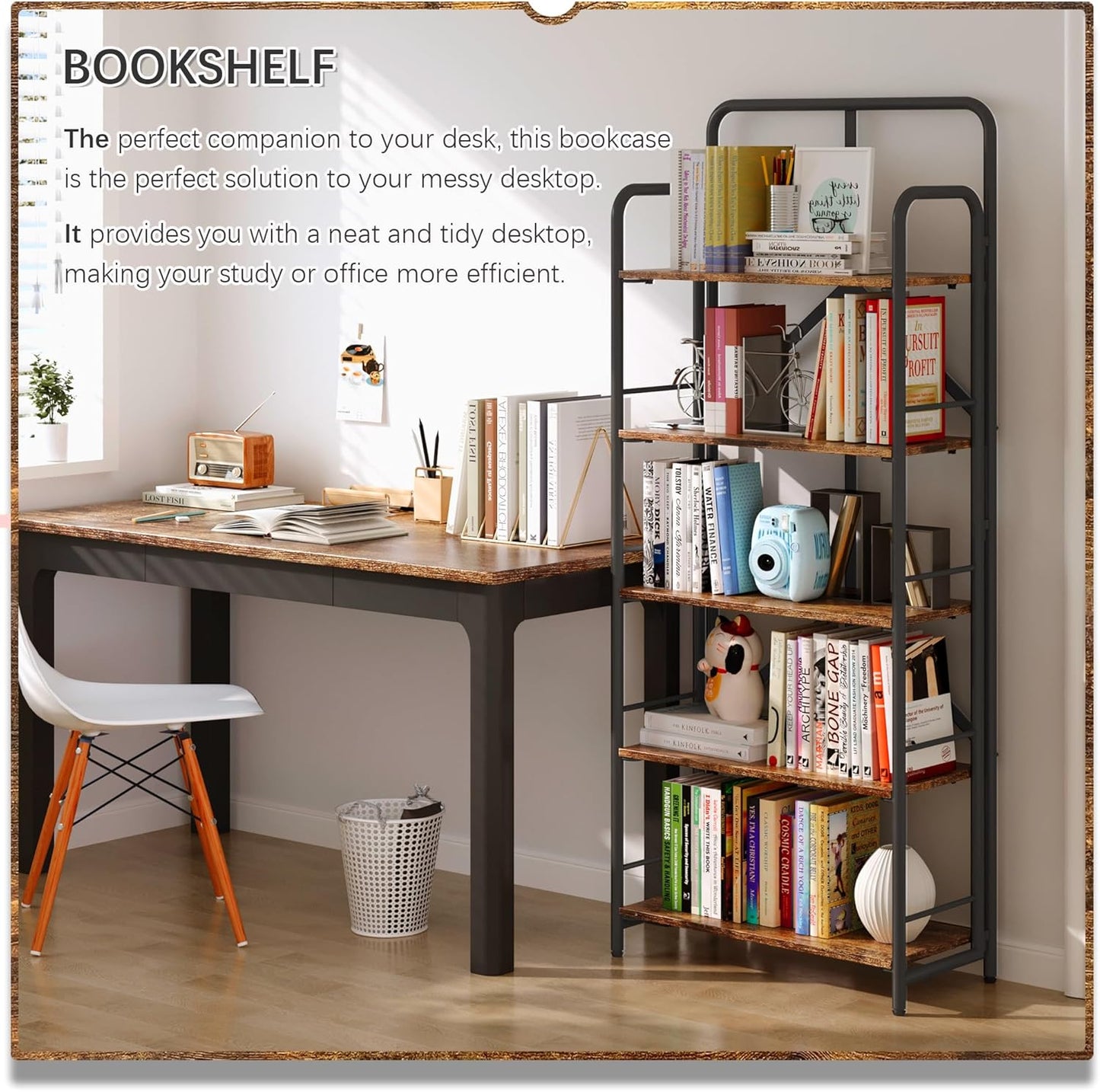 4NM No Assembly Folding Bookshelf 5 Tiers Vintage Industrial Black Book Shelf Metal Foldable Storage Bookcase and Bookshelves for Living Room,Bedroom and Kitchen - Rustic Brown