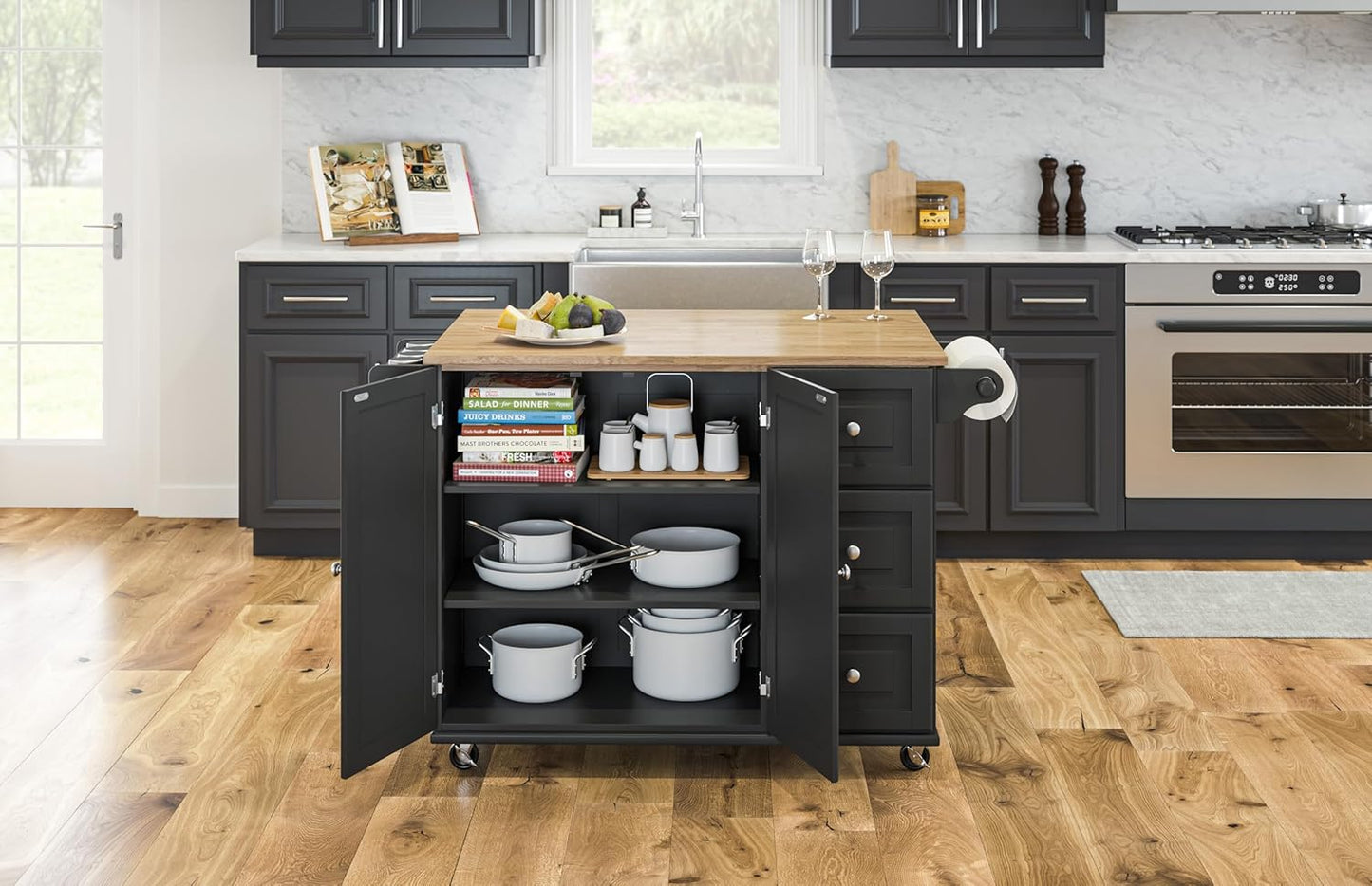 Homestyles Dolly Madison Black Mobile Kitchen Island Cart with Wood Drop Leaf Breakfast Bar