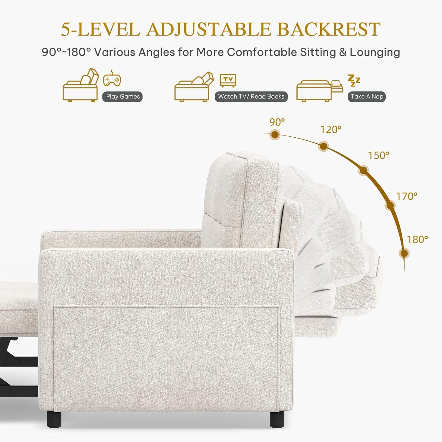 DWVO 55" Convertible Sofa Bed, 3-in-1 Sleeper Sofa with Pull-Out Couch, Velvet Futon Couch with Adjustable Backrest and USB, Modern Loveseat for Living Room Apartment, Light Beige