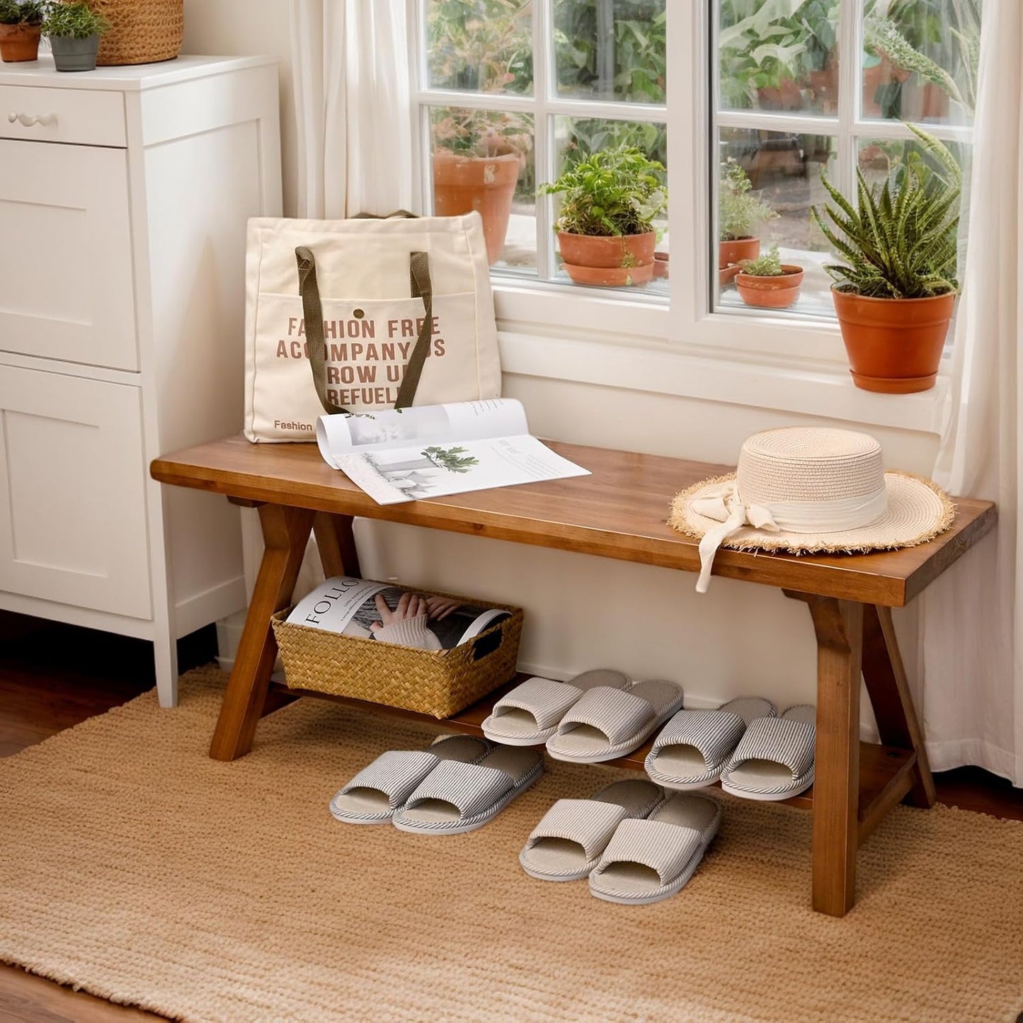 43 Inch Farmhouse Storage Bench, Rustic Solid Wood Entryway Bench for Living Room, Dining Room, Hallway | Indoor Seating with Natural Wood Finish