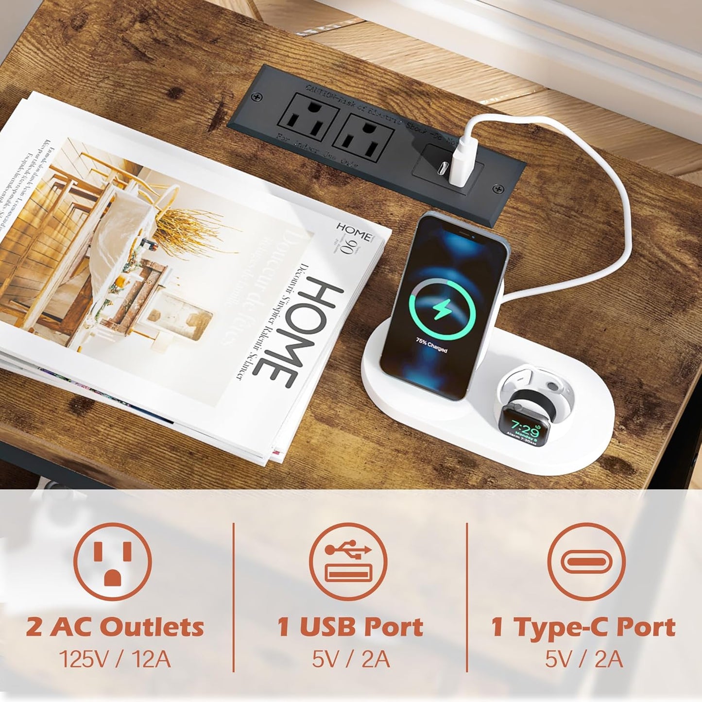 SUPERJARE Nightstand with Charging Station, Bed Side Table with Adjustable Fabric Drawer, Night Stand for Bedroom, 3-Tier Storage End Table, for Living Room, Rustic Brown