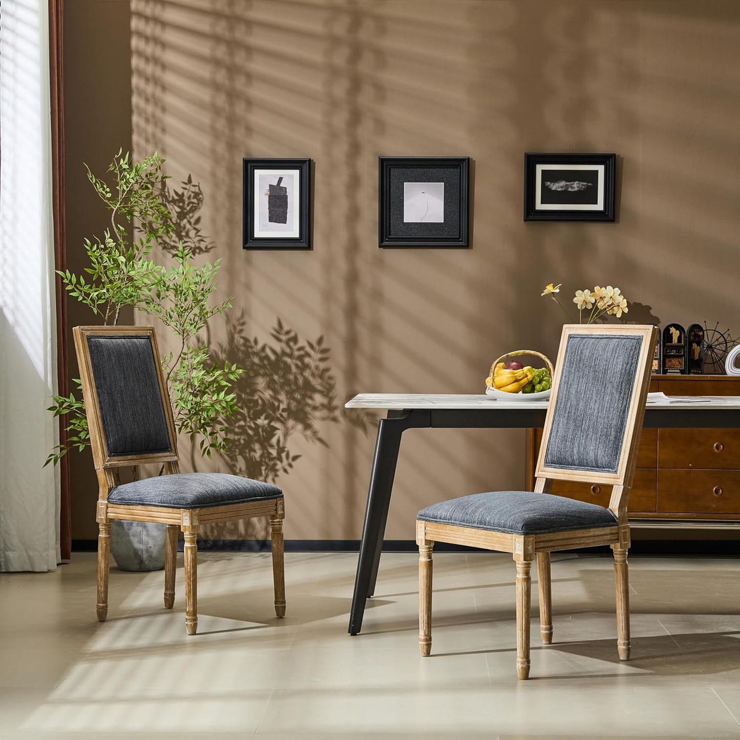 Christopher Knight Home Regina French Country Dining Chairs Set of 2, Wooden Dining Room Chair, High Back Kitchen Side Chair, Fabric Upholstered Armless Extra Seat, Blue Grey