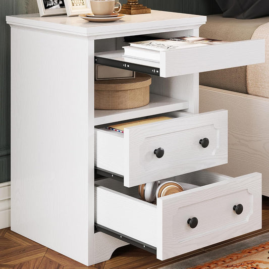 LIKIMIO Night Stand, Modern Bedside Table with 2 Drawers, Open Shelf, End Table with Pull-Out Tray, Wood SideTable, White