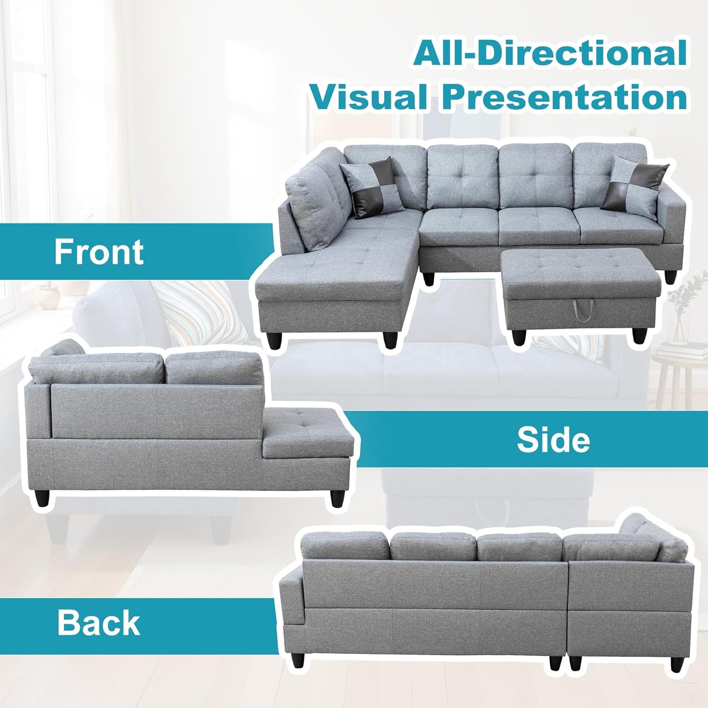 L Shaped Couch Modern Sectional Couch Upholstered Linen Fabric 3 Pieces Sofas for Living Room with Chaise, Storage Ottoman for Office and Small Apartment, Grey