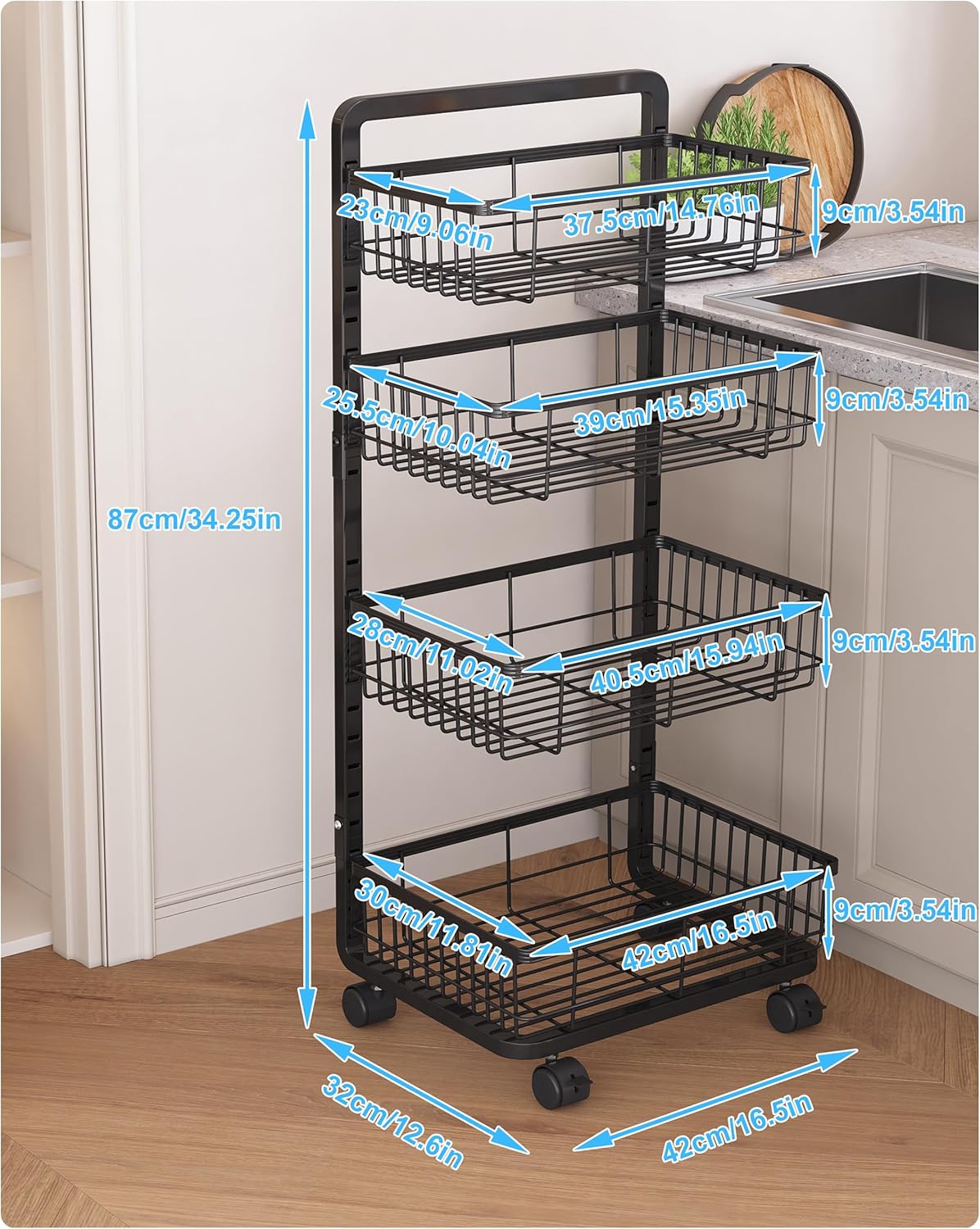 UMDONX 4-Tier Kitchen Storage Cart Metal Snack Cart Adjustable Fruit Basket on Wheels Stand Baskets for Potato Onion Produce Black