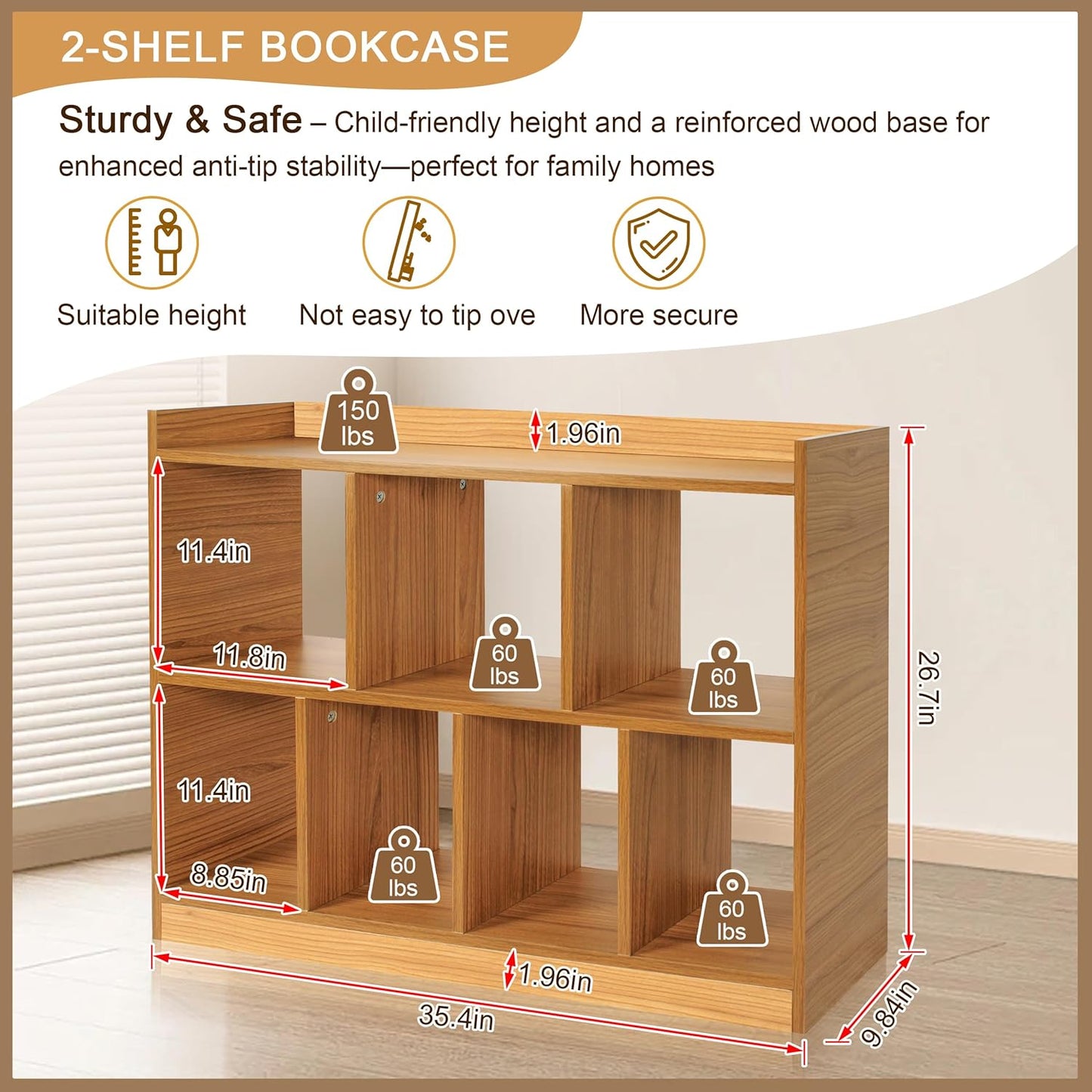 DOUSY- 7 Cube Bookshelf, Open Wooden Bookcase with Base, 2 Tier Cube Shelf Storage Organizer Shelf Display Rack Freestanding Horizontal Bookshelves for Bedroom, Living Room, Home Office