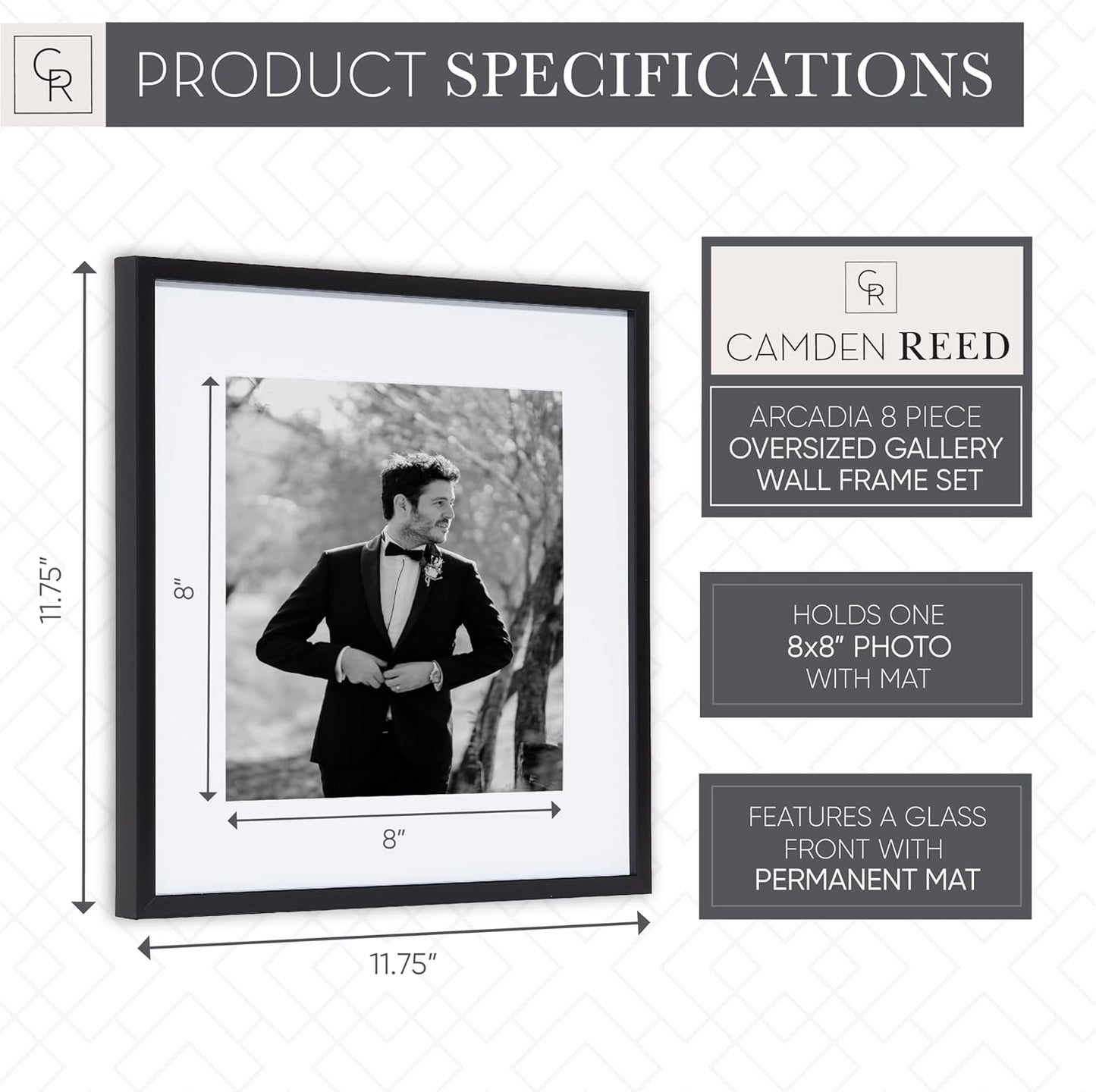 Camden Reed Arcadia 8 Piece Oversized Gallery Wall Frame, 11x14 and 11x11 inch matted frames for featuring 8x10 and 8x8 Inch Photographs or Art Prints, Black Finish