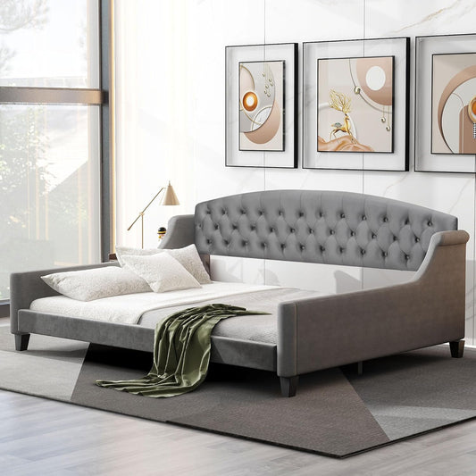 Full Size Modern Luxury Tufted Button Daybed, Stylish Wood Upholstered Day Bed,No Box Spring Required, Easy Assembly,for Bedroom,Living Room and Guest Room,Den,Office,Gray