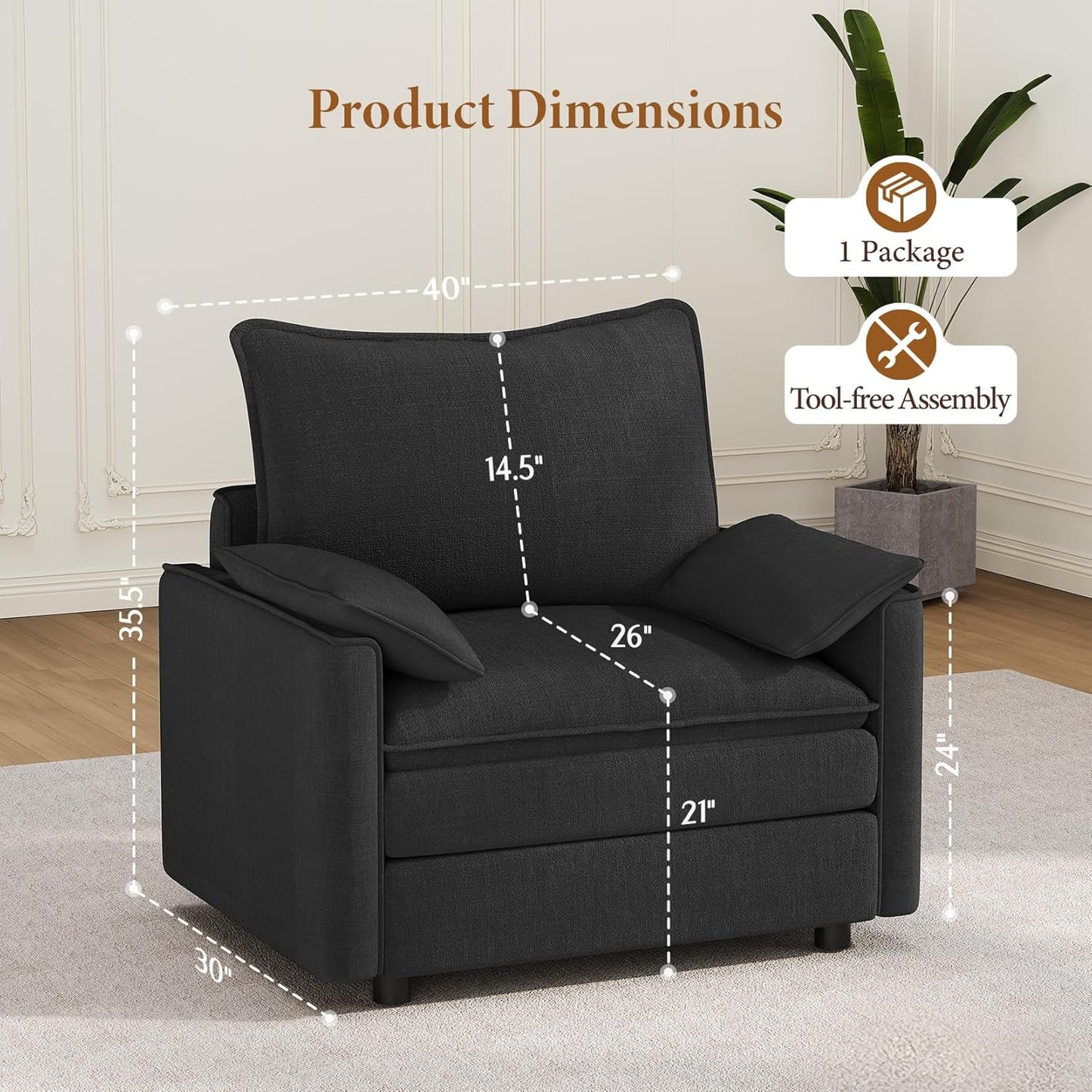 Vesgantti 40" Single Seat Sofa, Comfy Cloud Couch Deep Seat Upholstered Couch Chenille Modern Sofa with Armrest Pillow, Easy Assembly for Living Room, Bedroom and Apartment, Black