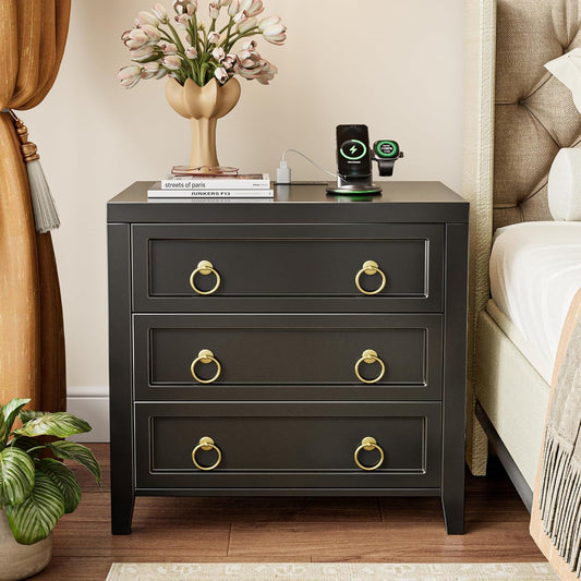 Huuger 23.6 Inch Night Stand with Charger Station and USB-C Port, 3 Drawer Nightstand, Larger Wider Bedside Table, Modern Side End Table, for Bedroom, Black Nightstand