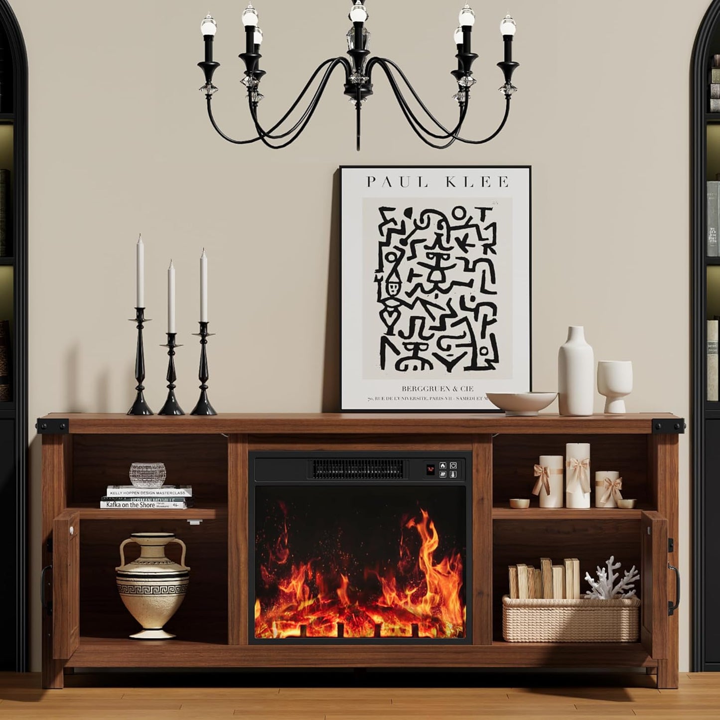 YESHOMY Fireplace TV Stand with Barn Doors and Open Display Shelf, Farmhouse Media Console with Hidden Cable Routing, Entertainment Center for Televisions up to 65+ Inch, Walnut