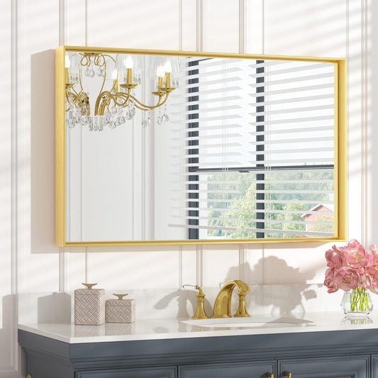Keonjinn Gold Mirror for Bathroom 40 x 24 Inch Brushed Gold Mirror for Wall Metal Framed Rectangular Mirror for Bathroom Sink Gold Vanity Mirror Full Length Rectangle Mirror(Horizontal/Vertical)
