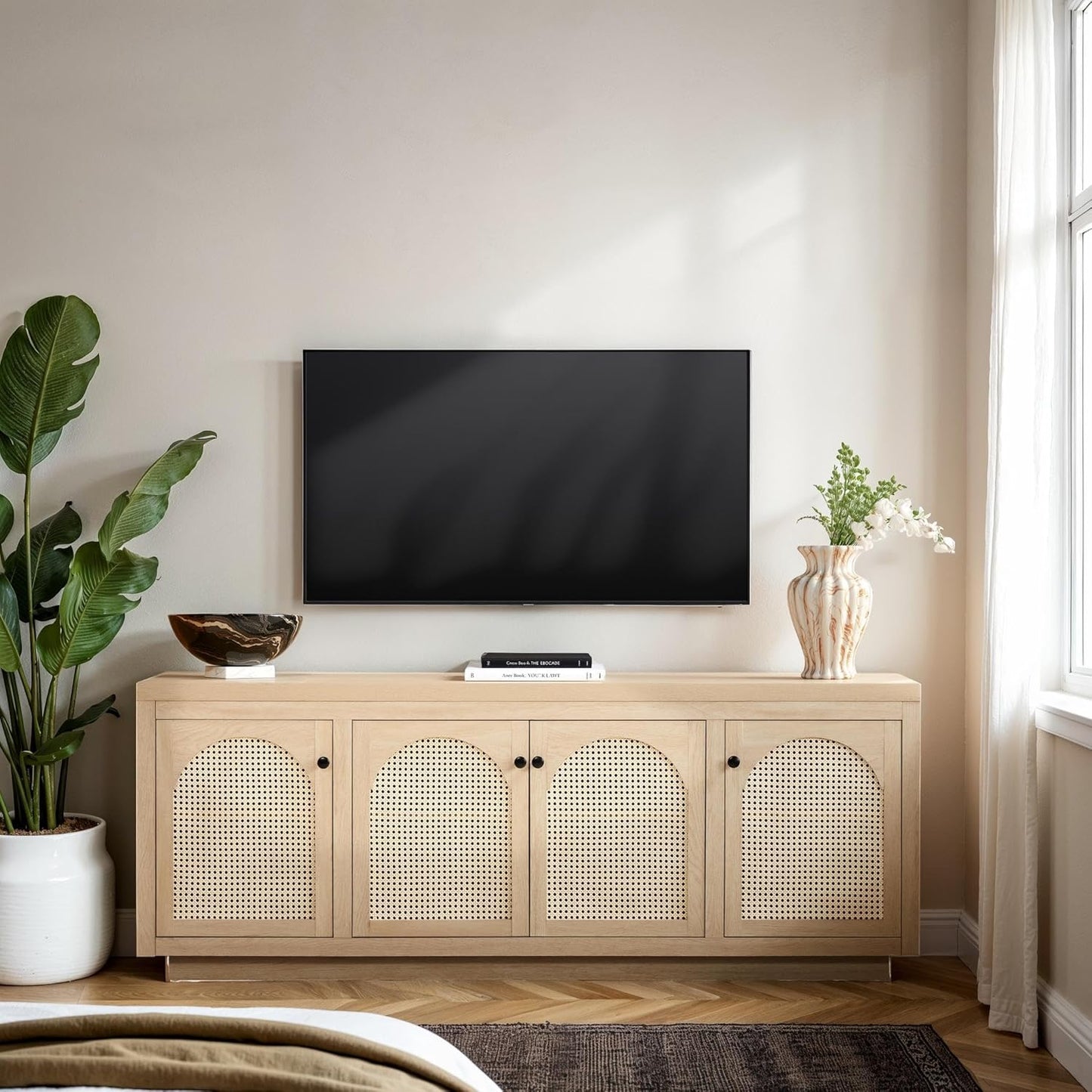 Walker Edison Sasha 4-Door Sideboard Buffet with Arched Rattan Panels, 70 Inch, Coastal Oak