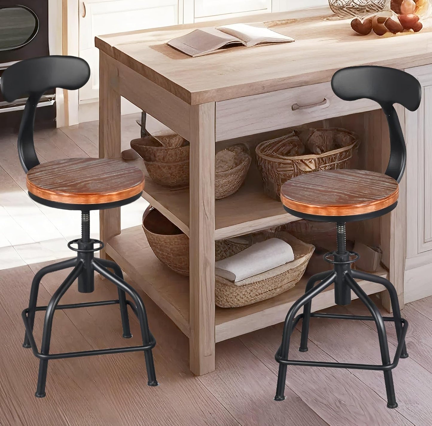 Topower Farmhouse Kitchen Stool, Industrial Counter Stool, Kitchen Deco Round Seat Standard Height Adjustable Swivel Bar Stools with Backrest Indoor House Design Iron Backrest Black Set of 2
