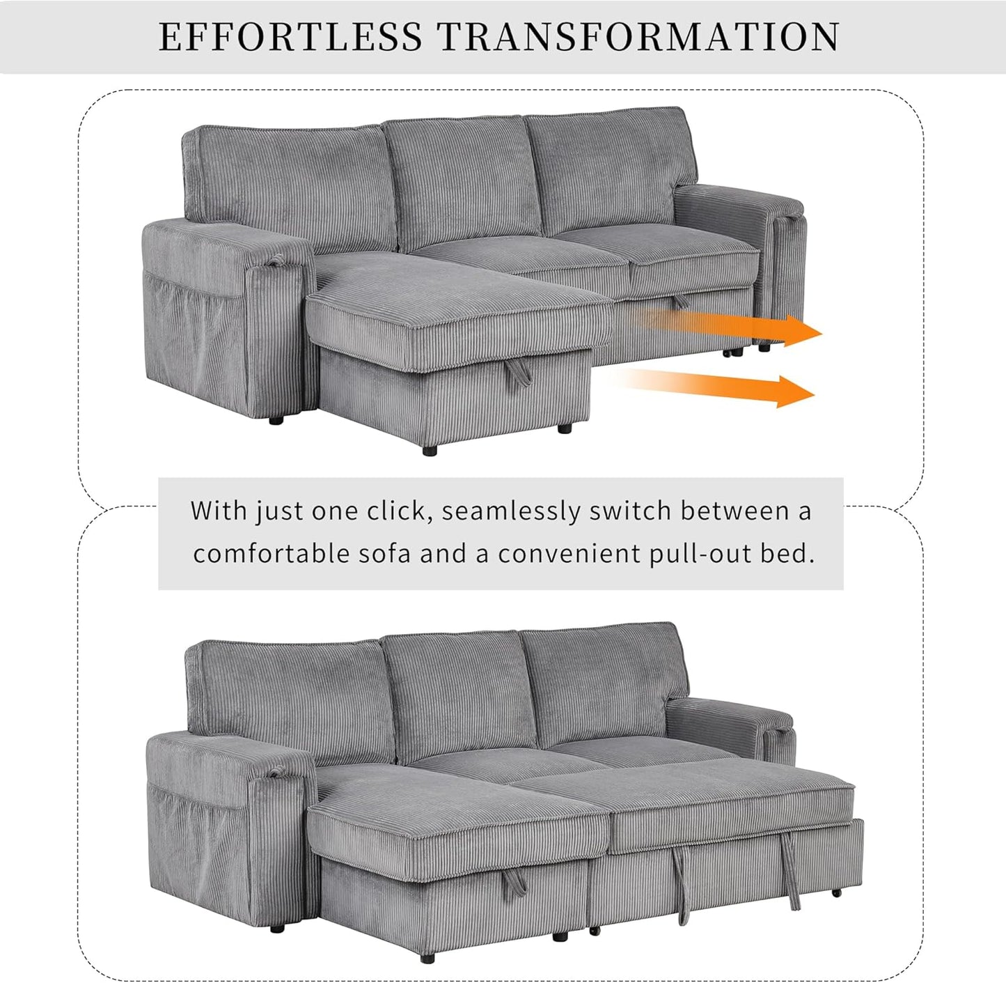 96.1 Inch L-Shaped Convertible Sectional Sleeper Sofa with Pull Out Bed, Storage Bags and 2 Hidden Cup Holders on Arms, Upholstered Corner Couch for Living Room Office Apartment, Gray