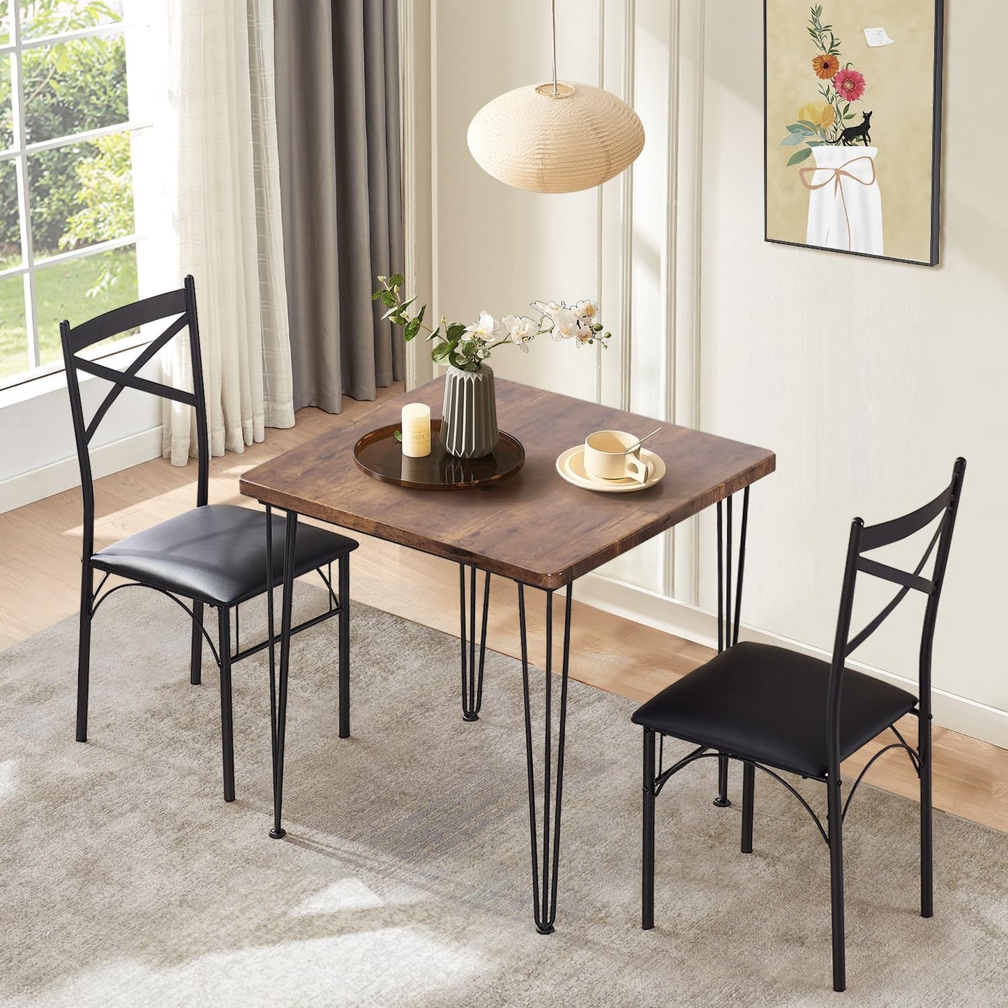 VECELO Kitchen Dining Room Table Set with 2 Chairs for Small Space, Apartment,Metal Steel Frame