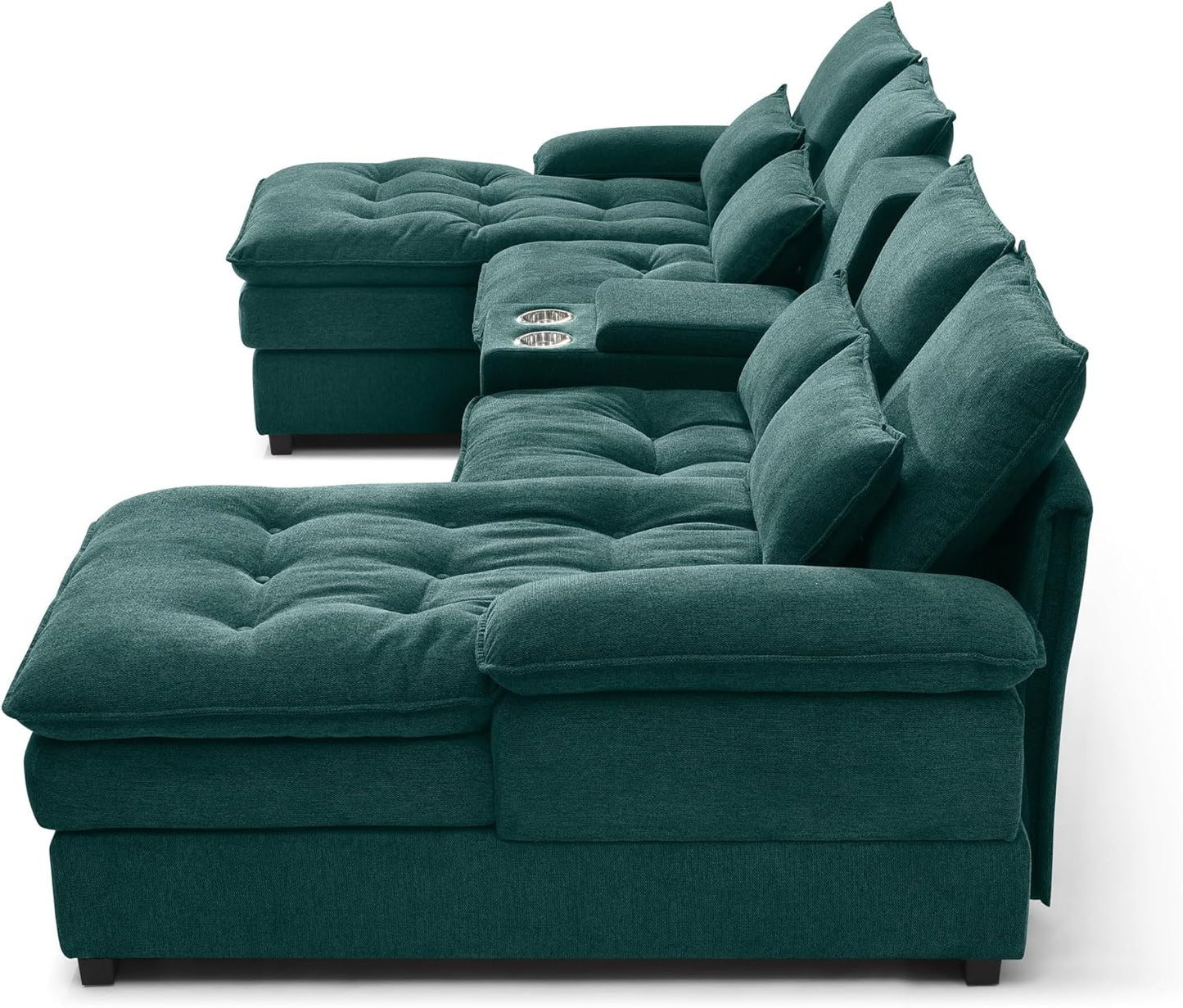 130" U-Shaped Sectional Sofa with Storage Console & Cup Holders, Upholstered 6 Seat Living Room Sleeper Couch Furniture Set w/Chaise, Cloud Cushion Couch for Home, Office, Apartment,Green