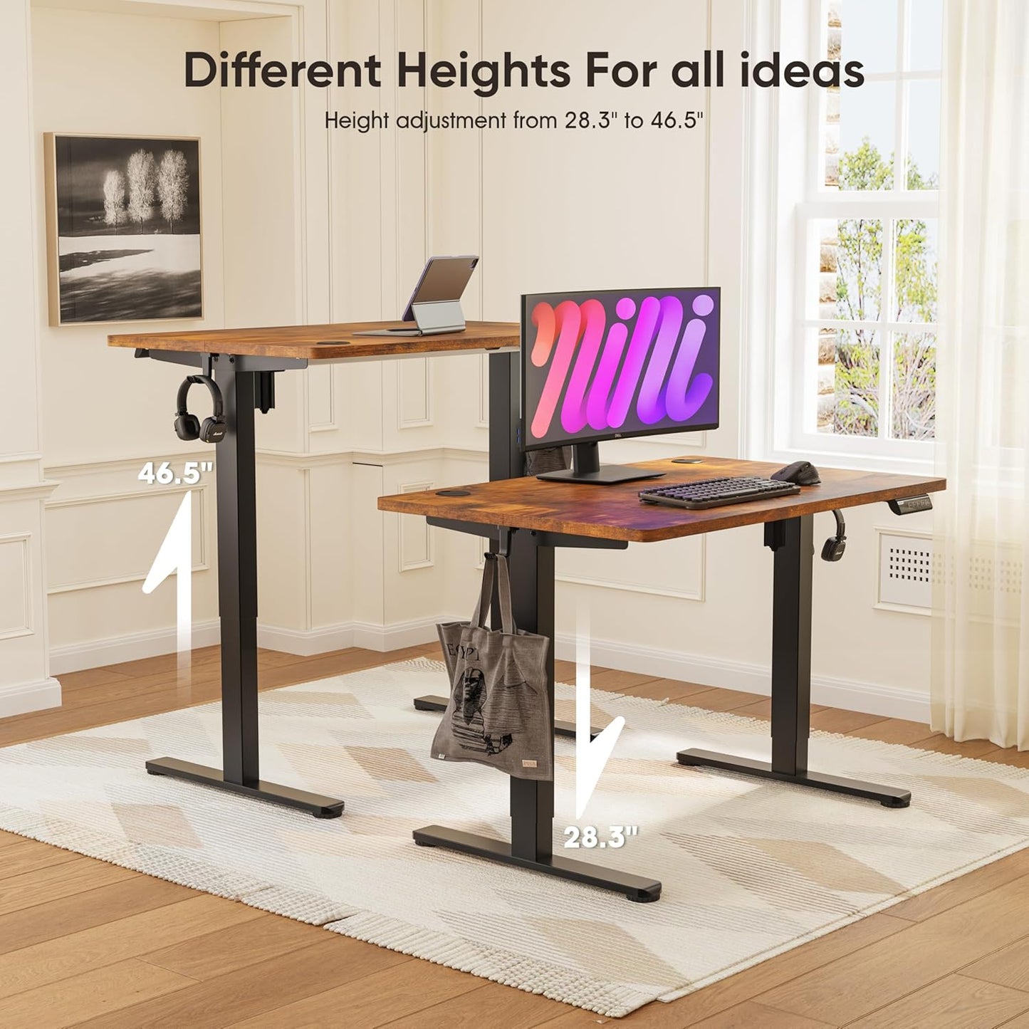 Monomi Standing Desk, 39.4'' Small Sit Stand up Rising Desks Height Adjustable Electric Standing Desk with 3 Memory Setting, Ergonomic Home Office Computer Desk Workstation, Rustic Brown