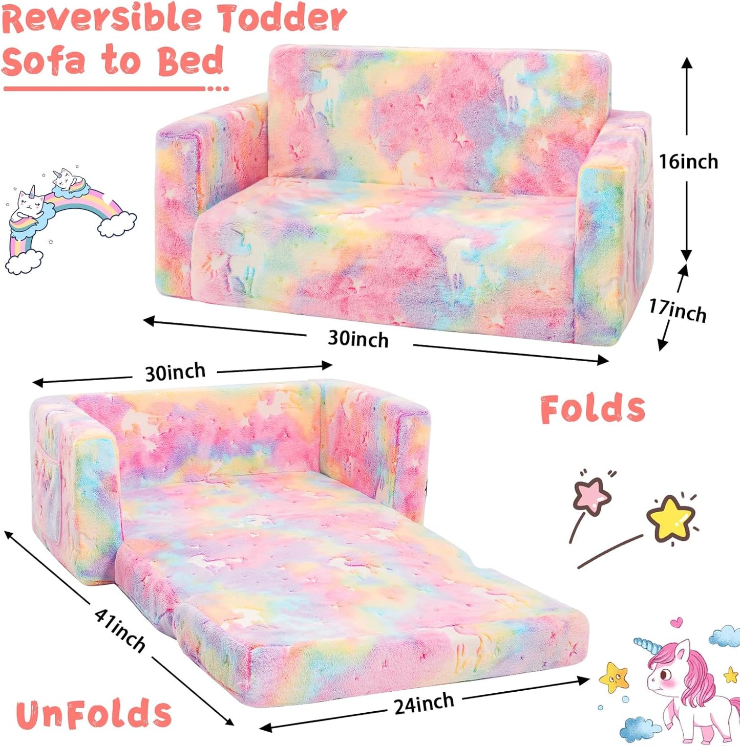 Toddler Chair Comfy,2-in-1 Soft Toddler Couch Fold Out for Kids,Convertible Sofa to Lounger,Gift for Girls and Boys Birthday,Unicorn,Large