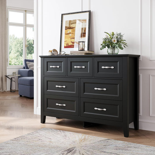 LINSY HOME 7 Drawers Dresser for Bedroom, 47" Wide Wooden Storage Chest with Antique Handles, Modern Farmhouse Dresser TV Stand with Wood Legs for Closet, Living Room, Hallway, Black