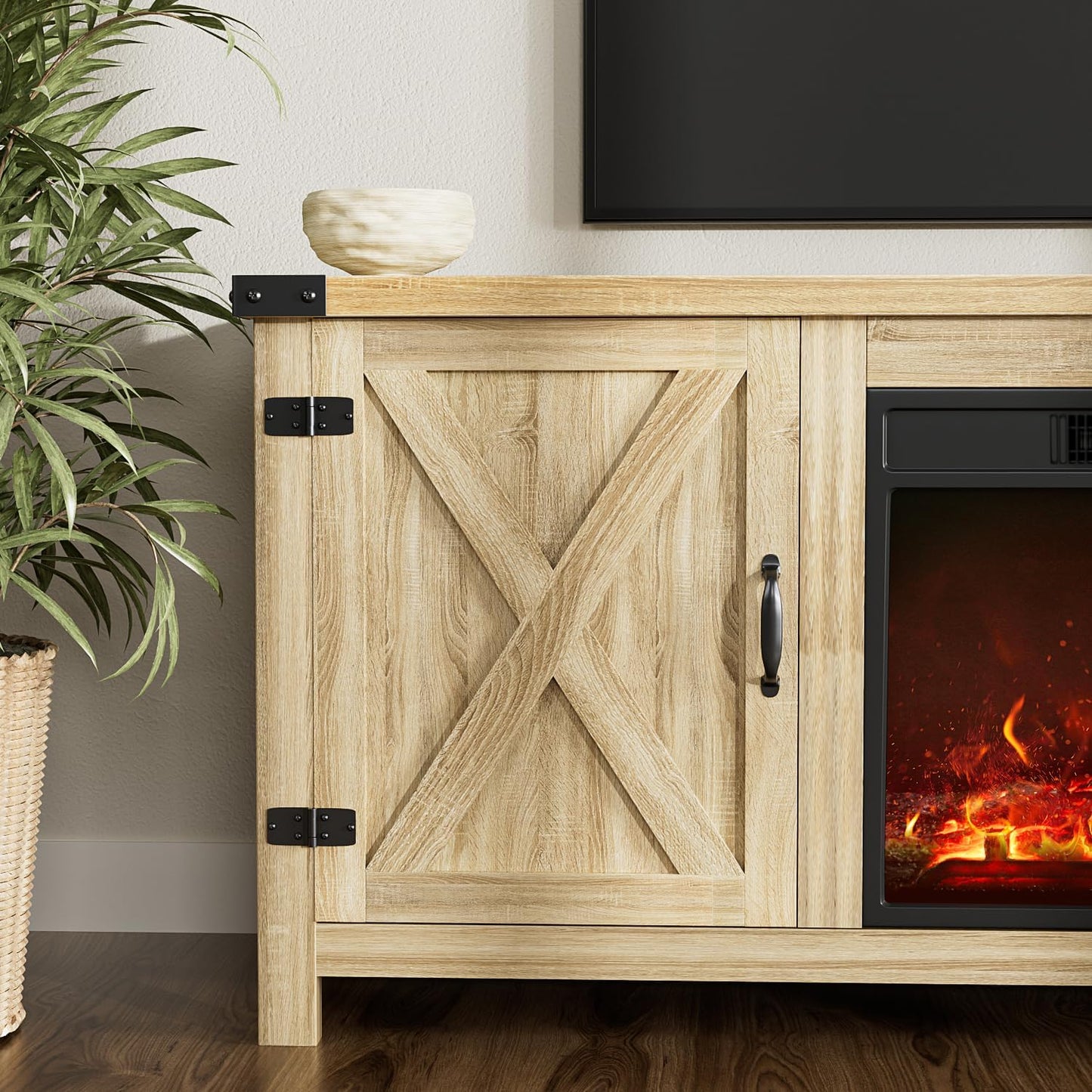 YESHOMY Fireplace TV Stand with Two Barn Doors and Storage Cabinets for Televisions up to 65+ Inch, Entertainment Center Console Table, Media Furniture for Living Room, 58 Inch, Natural Oak