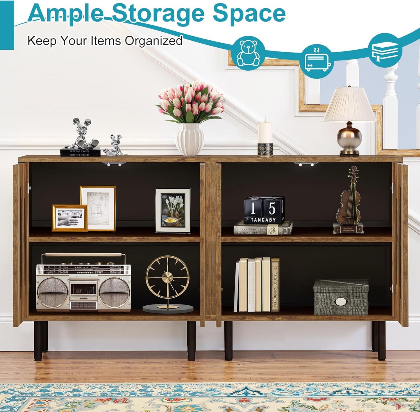 59" Sideboard Buffet Cabinet with Storage, Kitchen Buffet Storage Cabinet Set of 2, Modern Sideboard with Doors & Adjustable Shelves for Living Room, Kitchen, Hallway, Brown