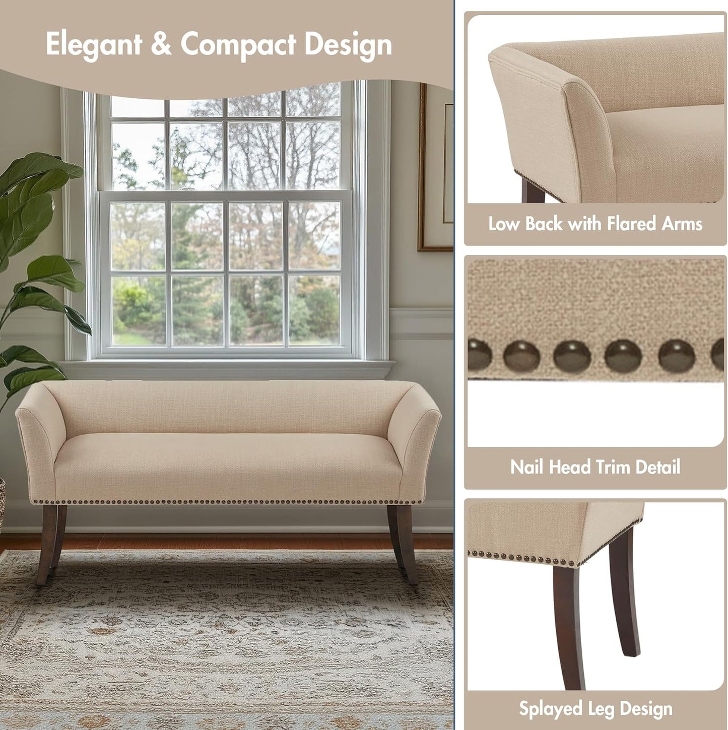 Madison Park Accent Bench, Upholstered with Nailhead Trim, & Padded Seat Entryway Bench Small, End of Bed Bench with Back, 49.5" W x 19.25" D x 23" H, Tan