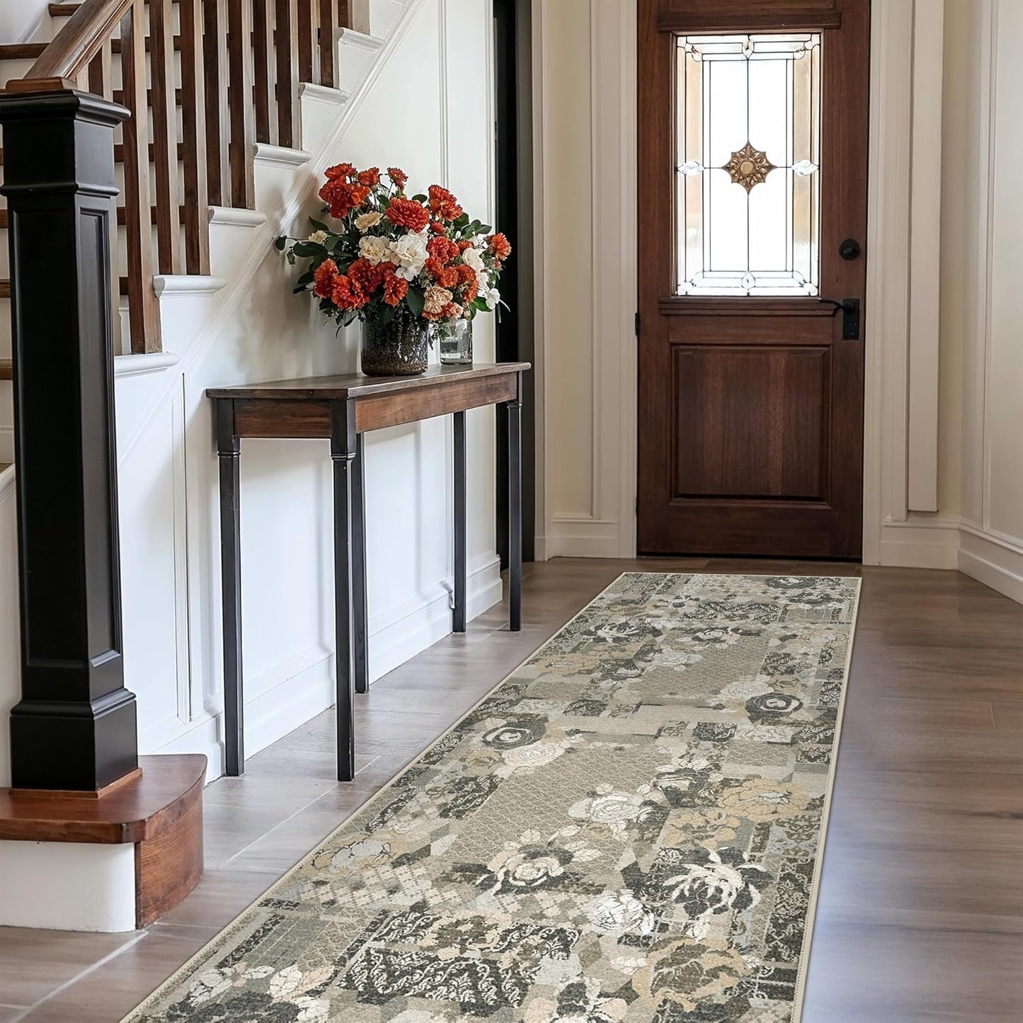 GENIMO Floral Runner Rug 2X6, Machine Washable Non Slip Vintage Patchwork Hallway Runner, Ultra-Thin Low Pile Runners for Indoor Entryway, Hallway, Kitchen and Corridor, Taupe Gray