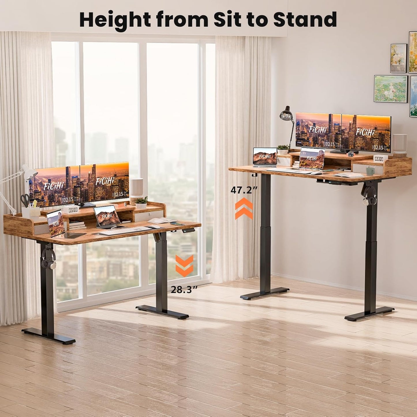 48x30 Inch Electric Standing Desk with Drawers & Widen Desktop, Thickened Desk Frame, Adjustable Height Sit Stand Up Table, Home Office Computer Desk with Cable Management, Light Rustic