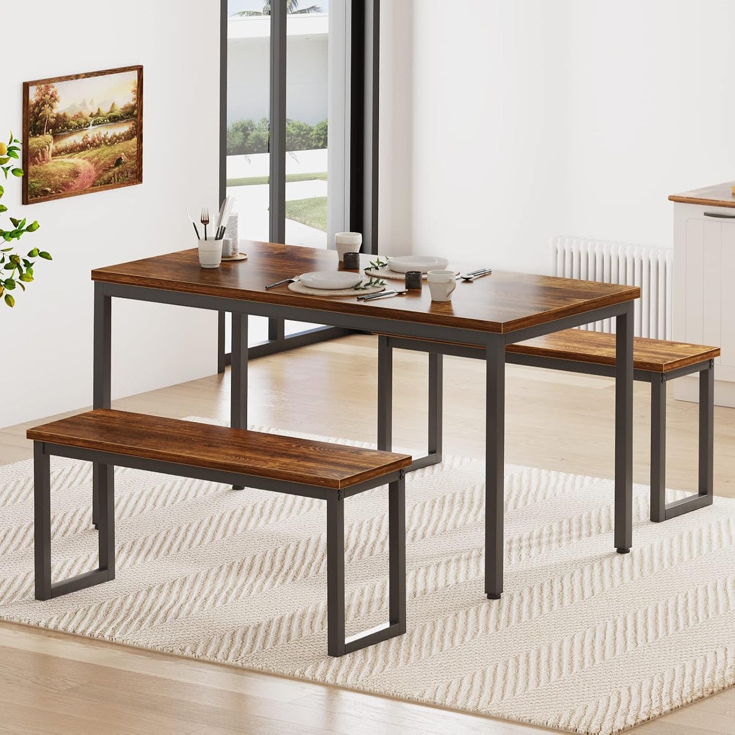 soges Kitchen Table Set with 2 Benches, Bench Dining Table Set for 4, 3 Piece Dining Room Table and Long Benches, Breakfast Table Coffee Table Set, Industrial Style Wooden Kitchen and Dining Room Set