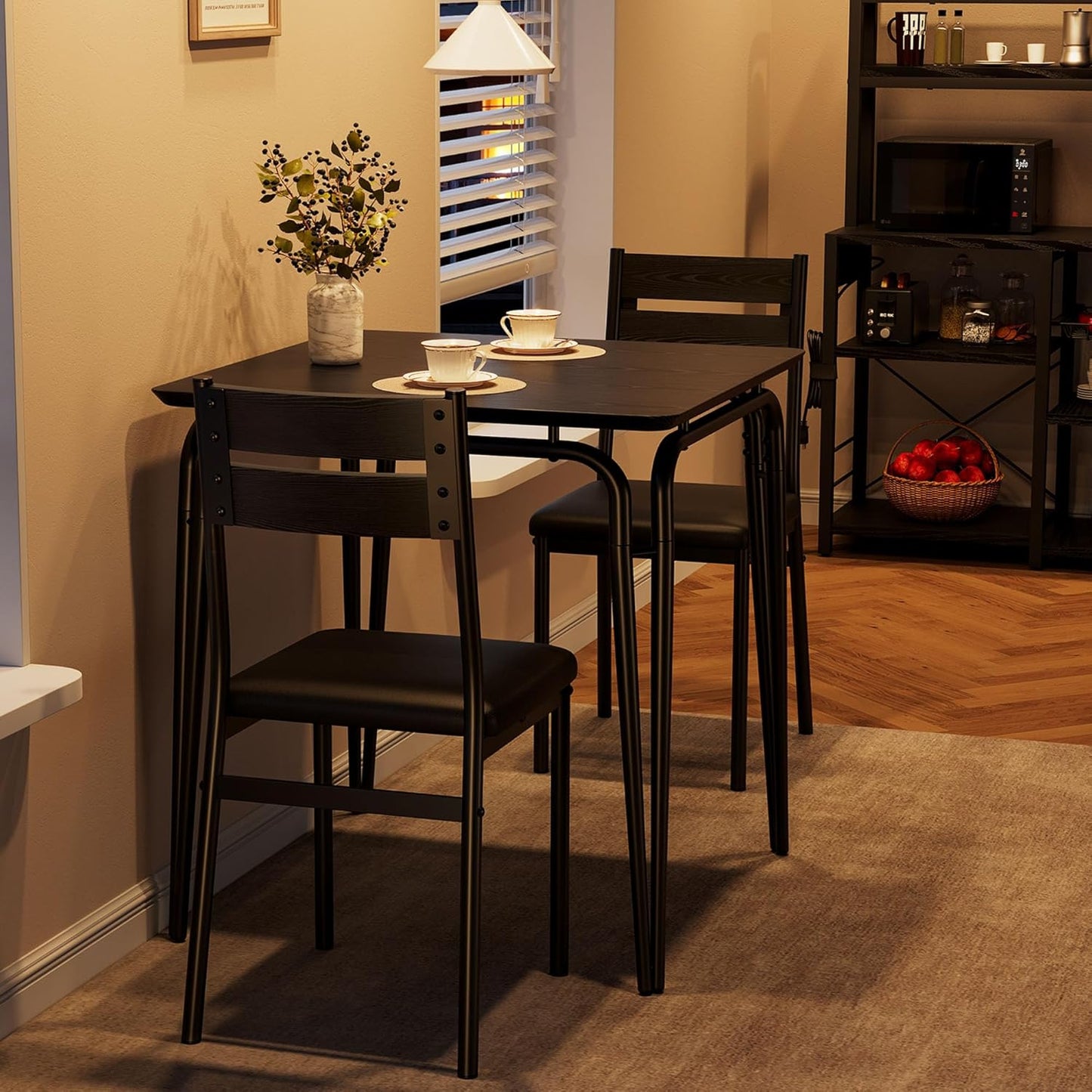 Dining Table for 2, Small Table and Chairs Set of 2, Square Dinette Set for 2, 3 Piece Kitchen & Dining Room Sets for Small Space (Black, Table with 2 Upholstered Chairs)