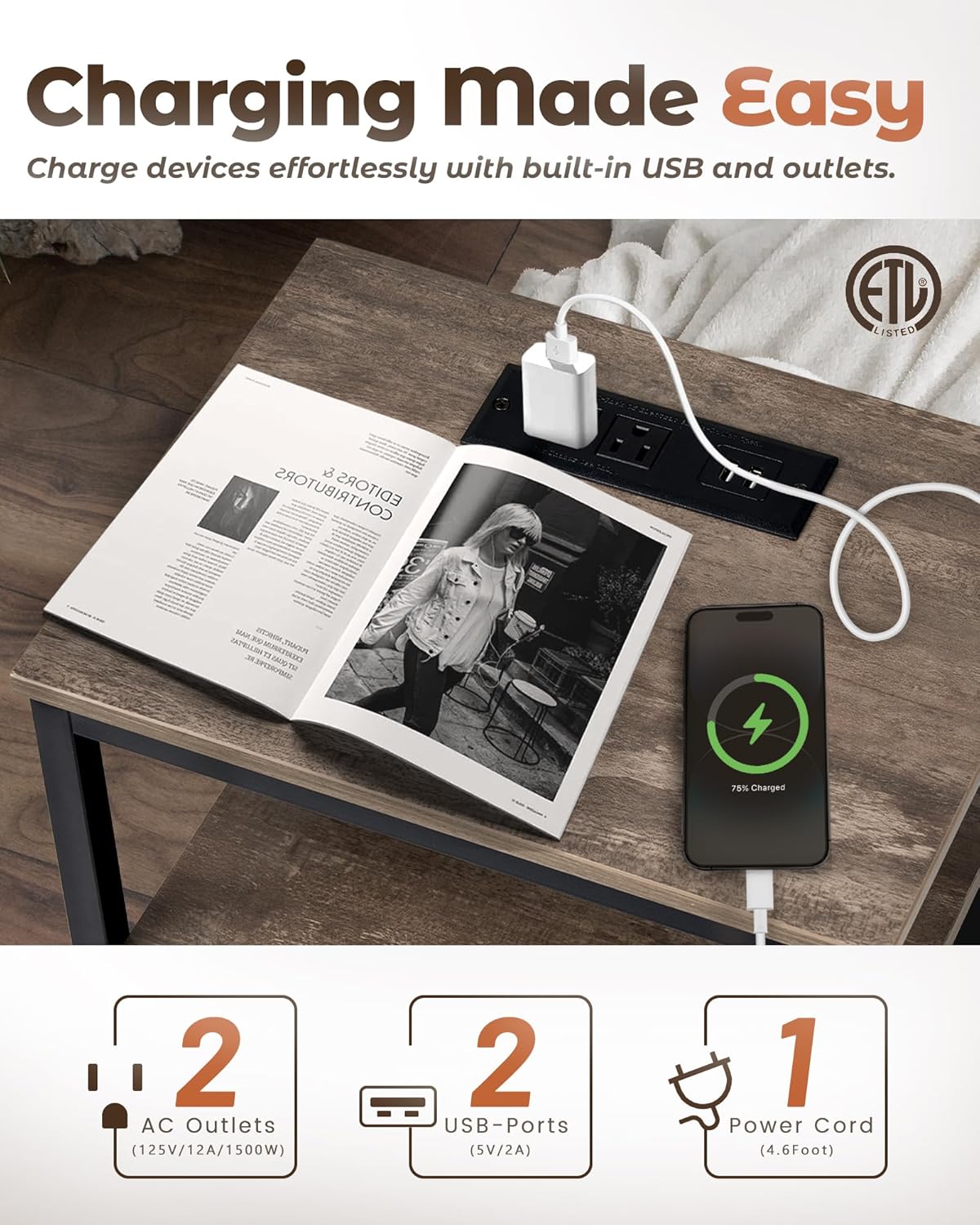 Nightstand with Charging Station, Bed Side Table with Fabric Drawer, 3-Tier Storage Dorm Night Stand for Bedroom, 2 USB & 2 Outlets End Table, Greige and Black