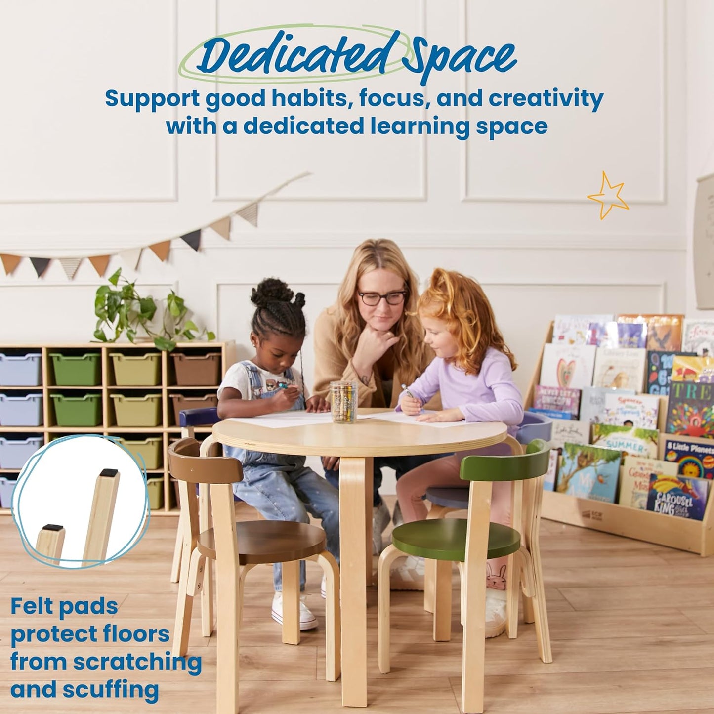 ECR4Kids Bentwood Round Table and Curved Back Chair Set, Kids Furniture, Earthtone, 5-Piece