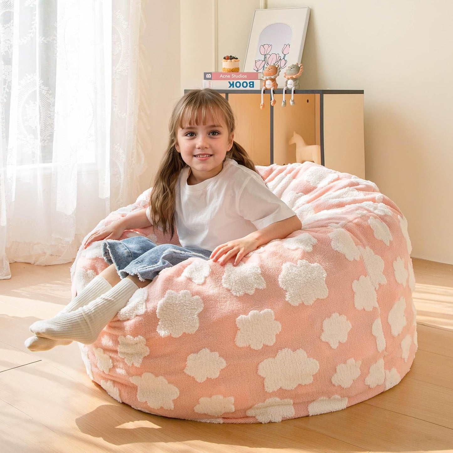 MAXYOYO Bean Bag Chair for Kids, Cloud Pattern Lazy Chair with High-Density Foam Filling, Stuffed Floor Sofa Couch for Boys and Girls, Child Floor Sofa for Gaming, Reading, Pink