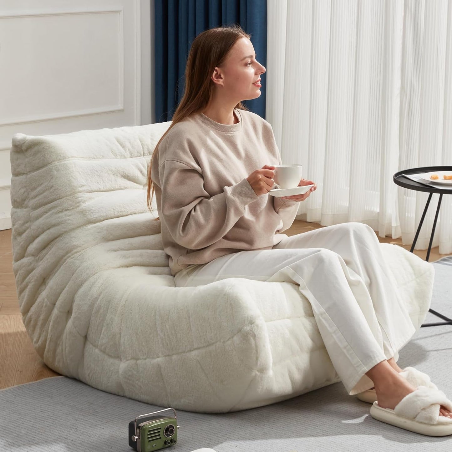 Bean Bag Chairs for Adults Giant Bean Bag Chair Memory Foam BeanBag Chair Big Bean Bag Sofa with Filler Faux Fur Fireside Beanbags Lazy Sofa for Living Room Bedroom Dorm Office (White Plush)