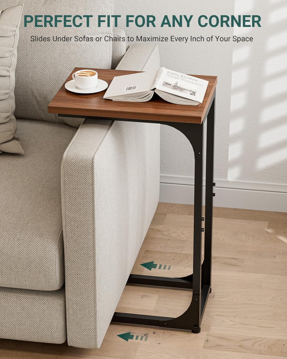 C-Shaped Side Table for Couch - Small Coffee Stand Sofa Tray Desk with Metal Frame and Waterproof Scratch Resistant, Modern End Accent for Living Room, Bedroom, Small Spaces, Rustic Walnut