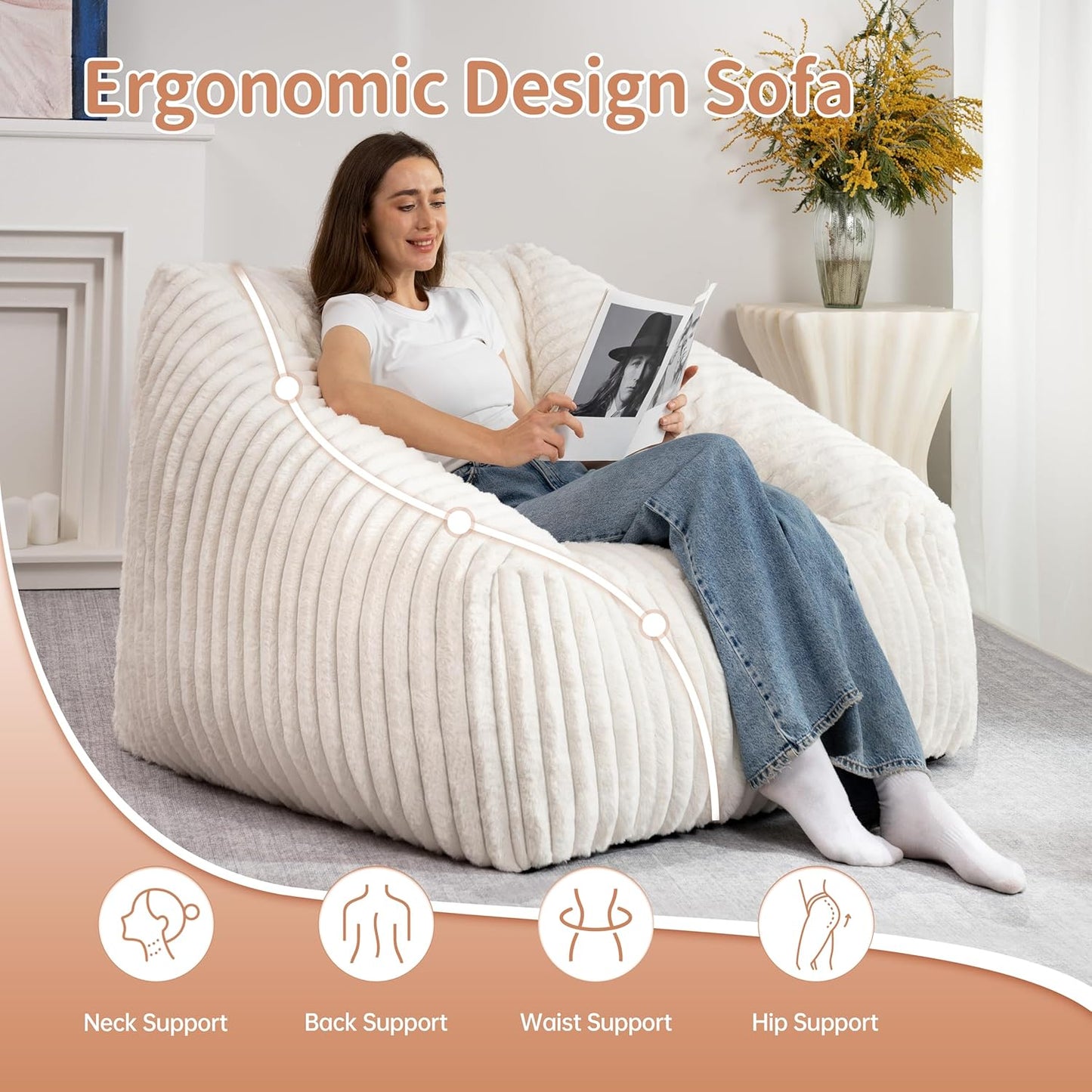 HABUTWAY Bean Bag Chair, Giant Bean Bag Chairs for Adults and Kids, Bean Bag Sofa, Lazy Floor Sofa, Faux Fur Beanbag Chair with Armrests for Living Room Bedroom (Beige)