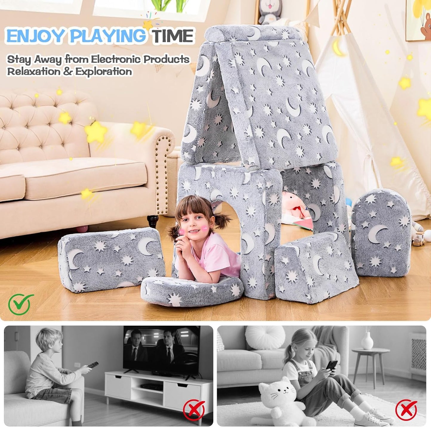 IFNOW Modular Kids Play Couch,Toddler Couch Kids Sofa,Child Sectional Sofa,Bedroom and Playroom Furniture for Toddlers,Convertible Foam and Floor Cushion for Boys and Girls,Glow in The Dark,Star